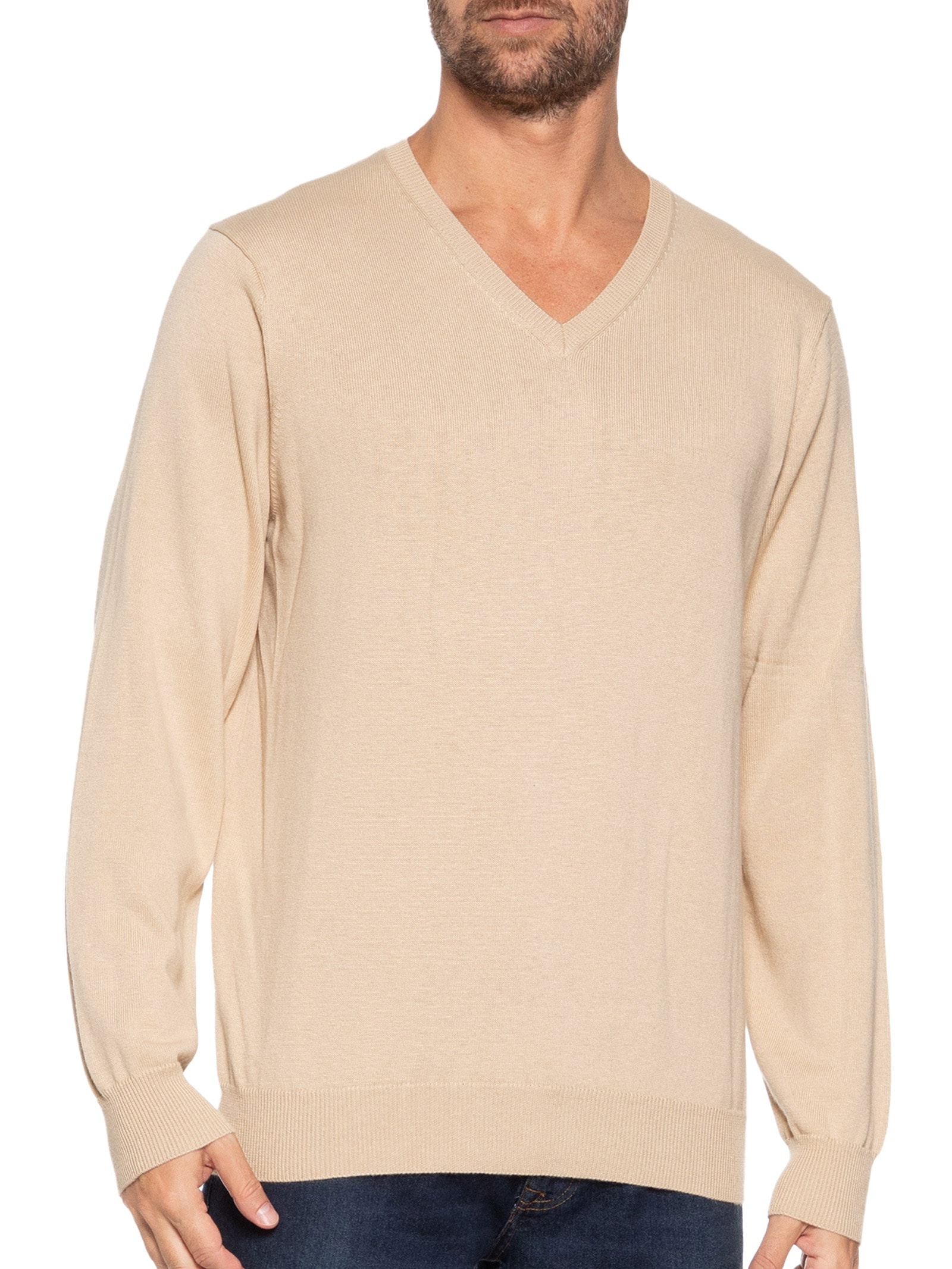 Suéter Masculino Gola Redonda Manga Longa Algodão Pima Com Cashmere Bege '2 Essential