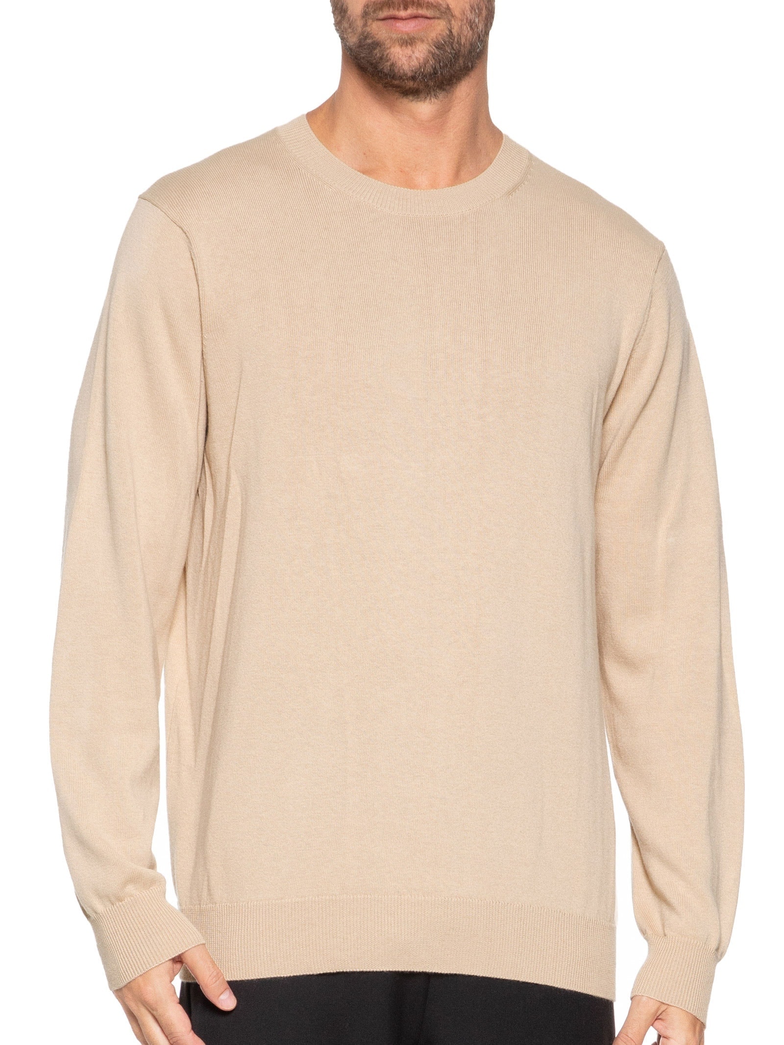 Suéter Masculino Gola Redonda Manga Longa Algodão Pima com Cashmere Bege '2 Essential