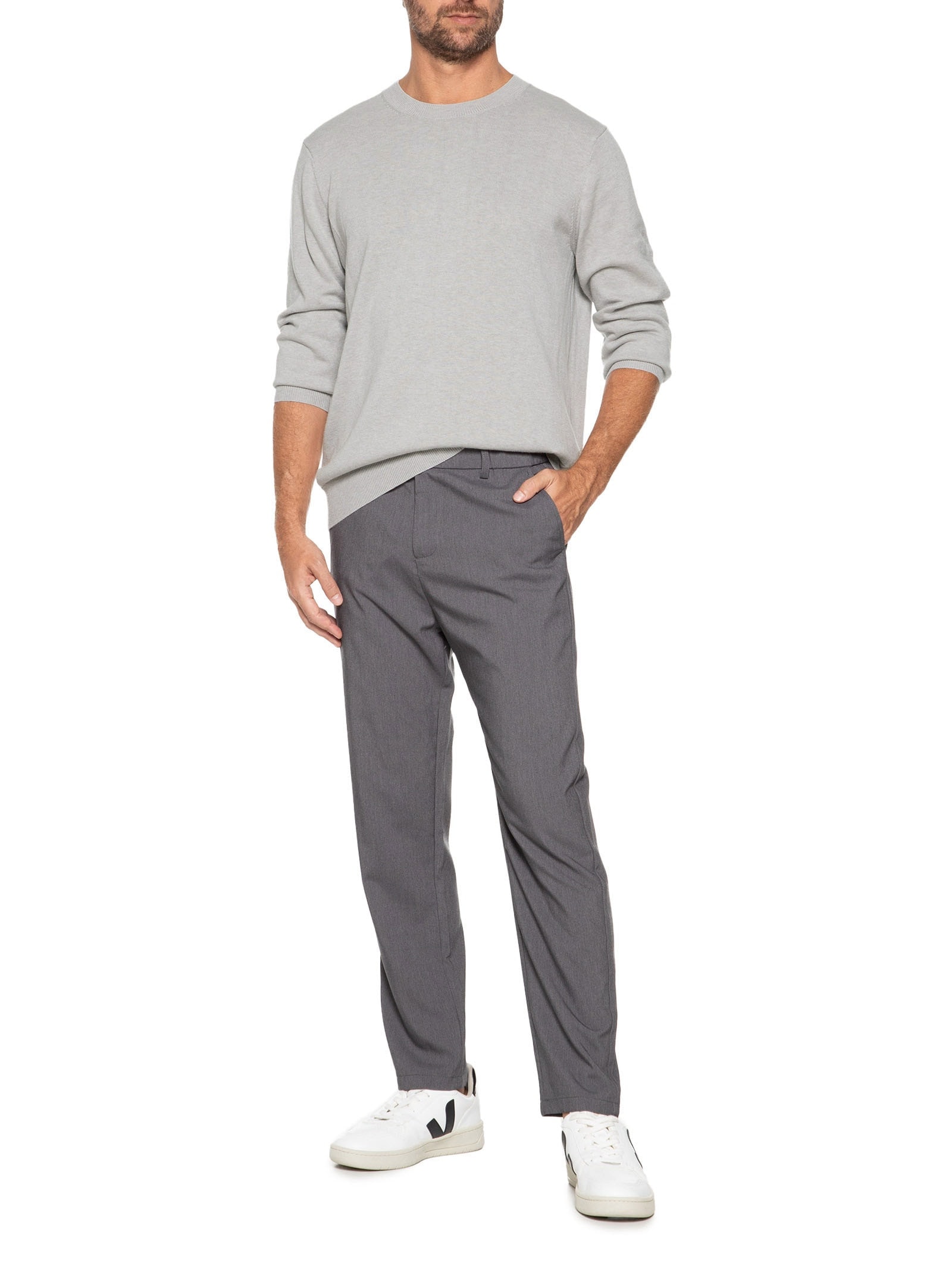 Suéter Masculino Gola Redonda Manga Longa Algodão Pima Com Cashmere Cinza '2 Essential