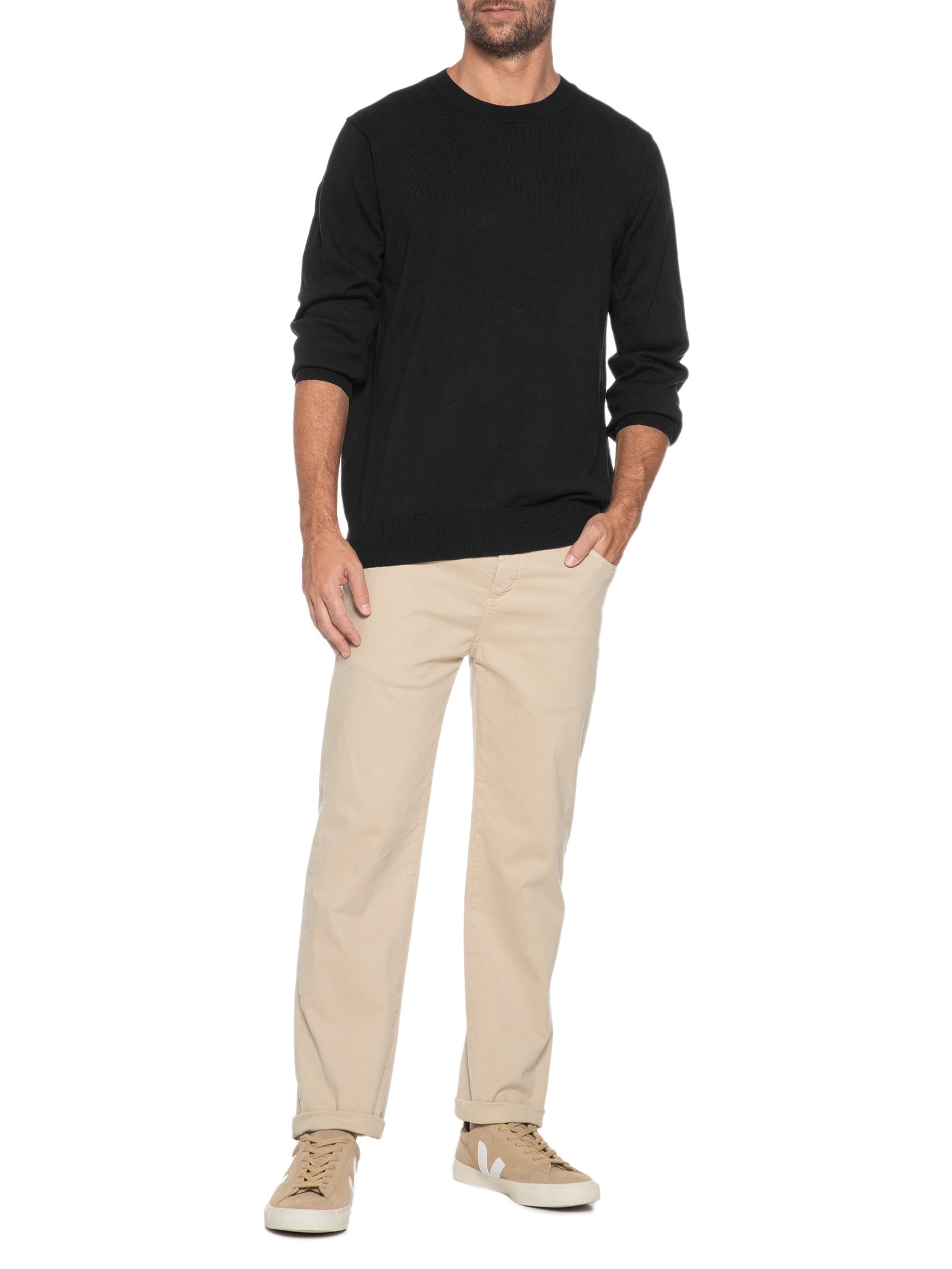 Suéter Masculino Gola Redonda Manga Longa Algodão Pima com Cashmere Preto '2 Essential