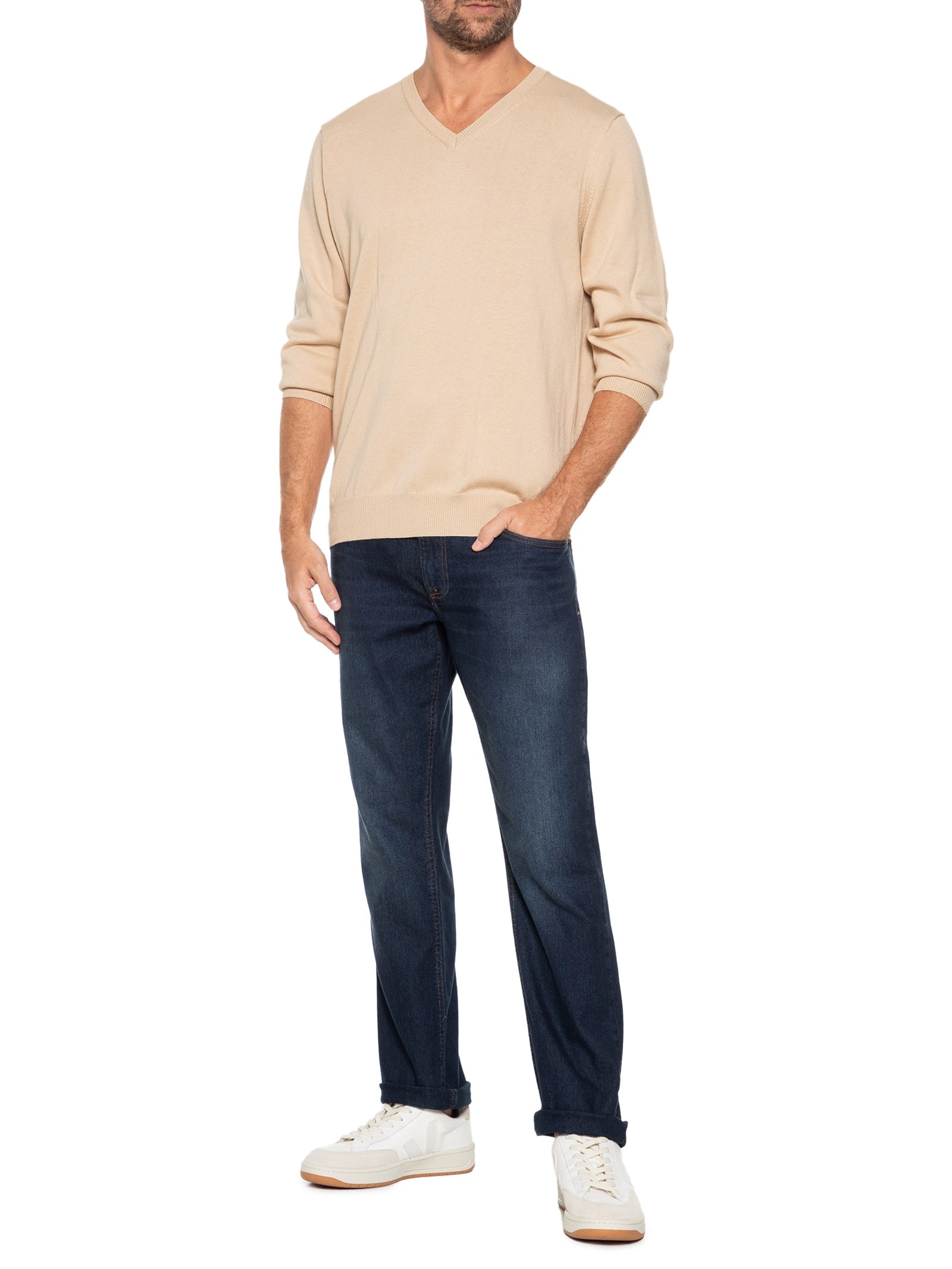 Suéter Masculino Gola Redonda Manga Longa Algodão Pima Com Cashmere – Bege '2 Essential