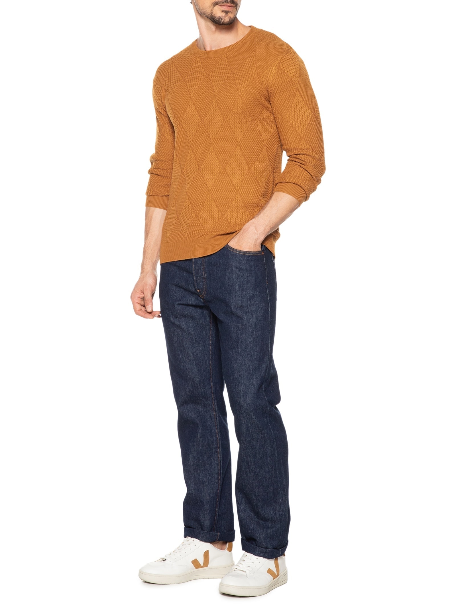 Suéter Masculino Gola Redonda Texturizada Amarelo '2 Essential