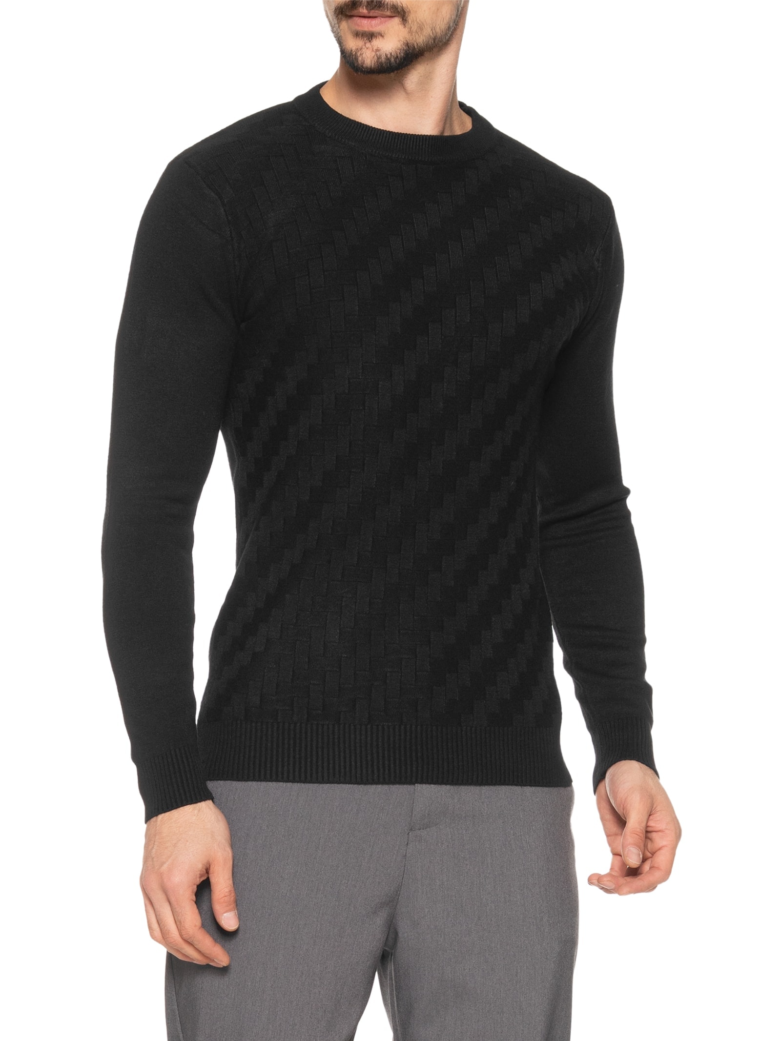 Suéter Masculino Gola Redonda Texturizada Preto '2 Essential