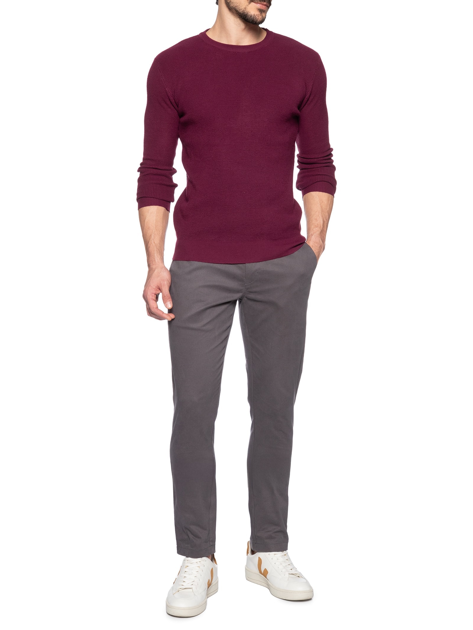 Suéter Masculino Gola Redonda Texturizado Vinho Basiq Men