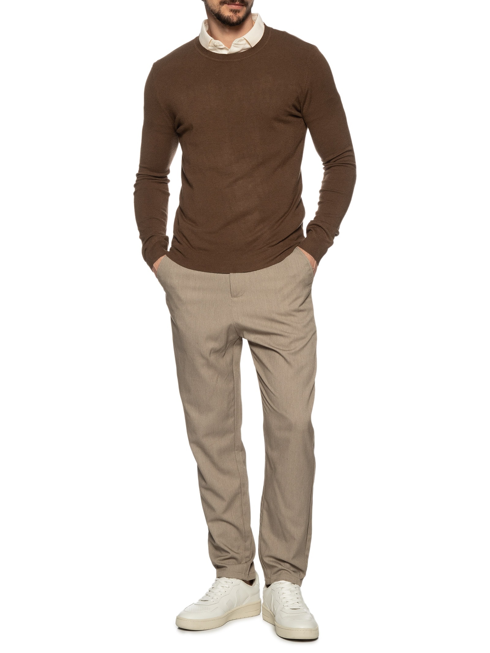 Suéter Masculino Gola Redonda Toque Macio Marrom '2 Essential