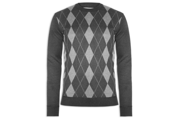 Suéter Masculino Gola Redonda Xadrez Argyle - Preto