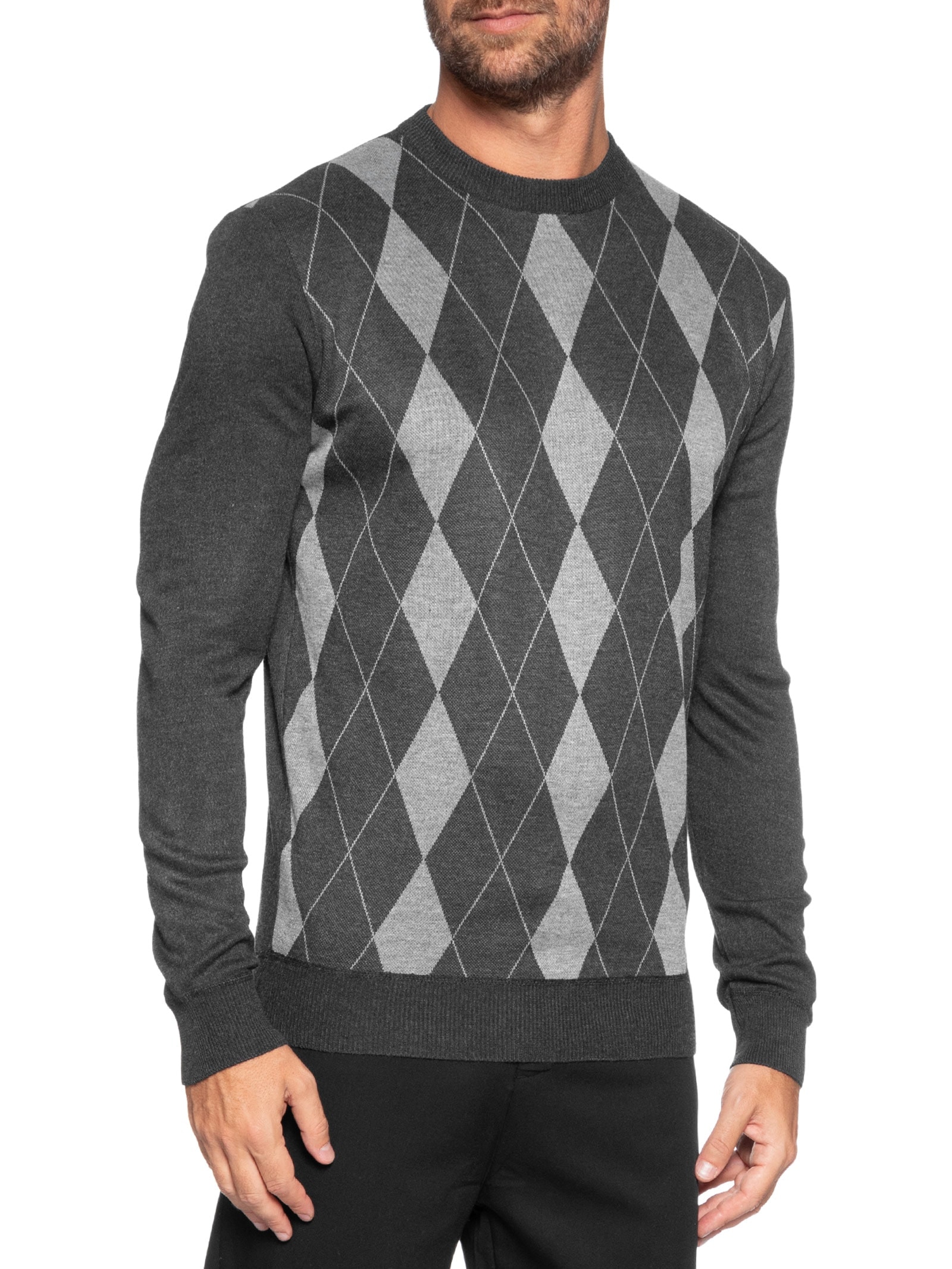 Suéter Masculino Gola Redonda Xadrez Argyle Preto '2 Essential