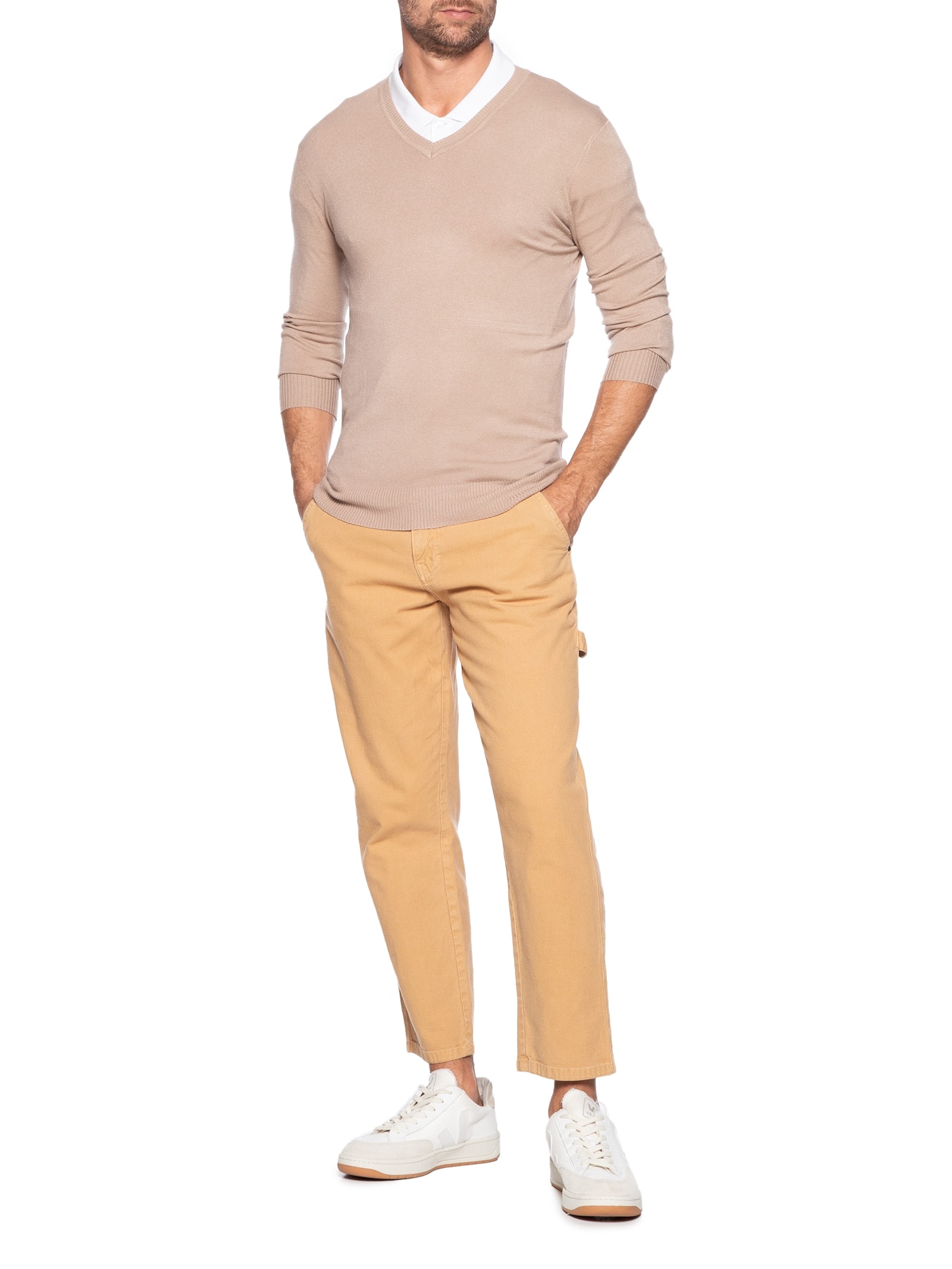 Suéter Masculino Gola V Basico Colors Bege Basiq Men