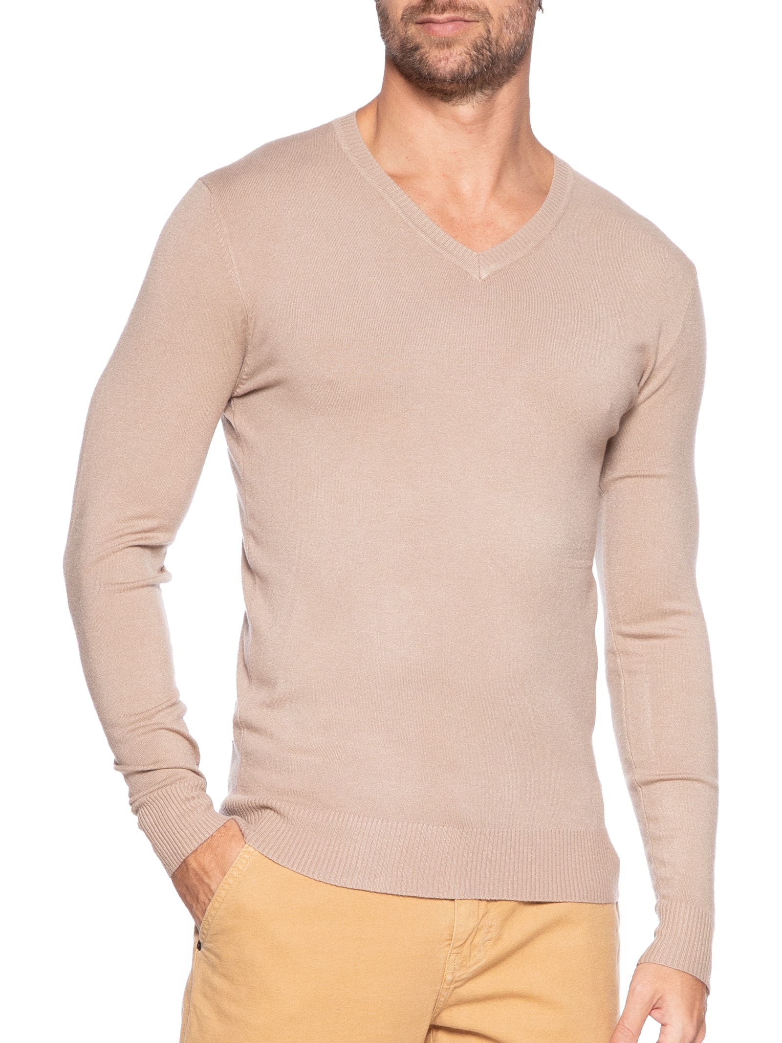 Suéter Masculino Gola V Basico Colors Bege Basiq Men