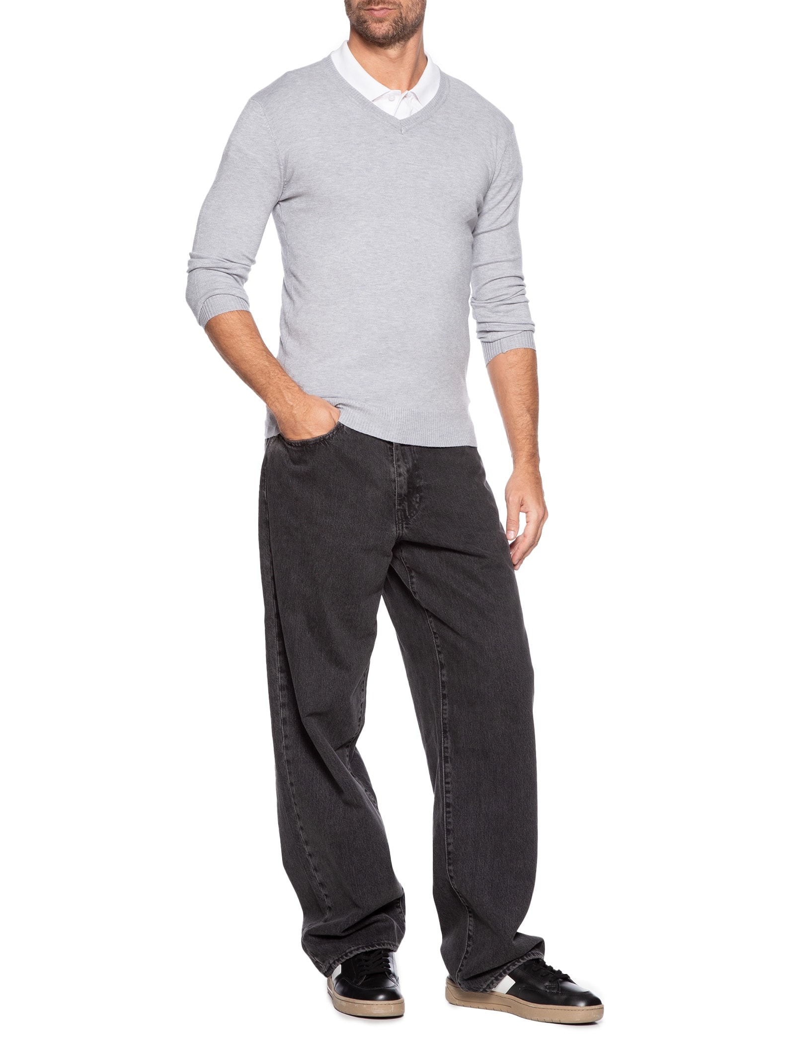 Suéter Masculino Gola V Basico Colors Cinza Basiq Men