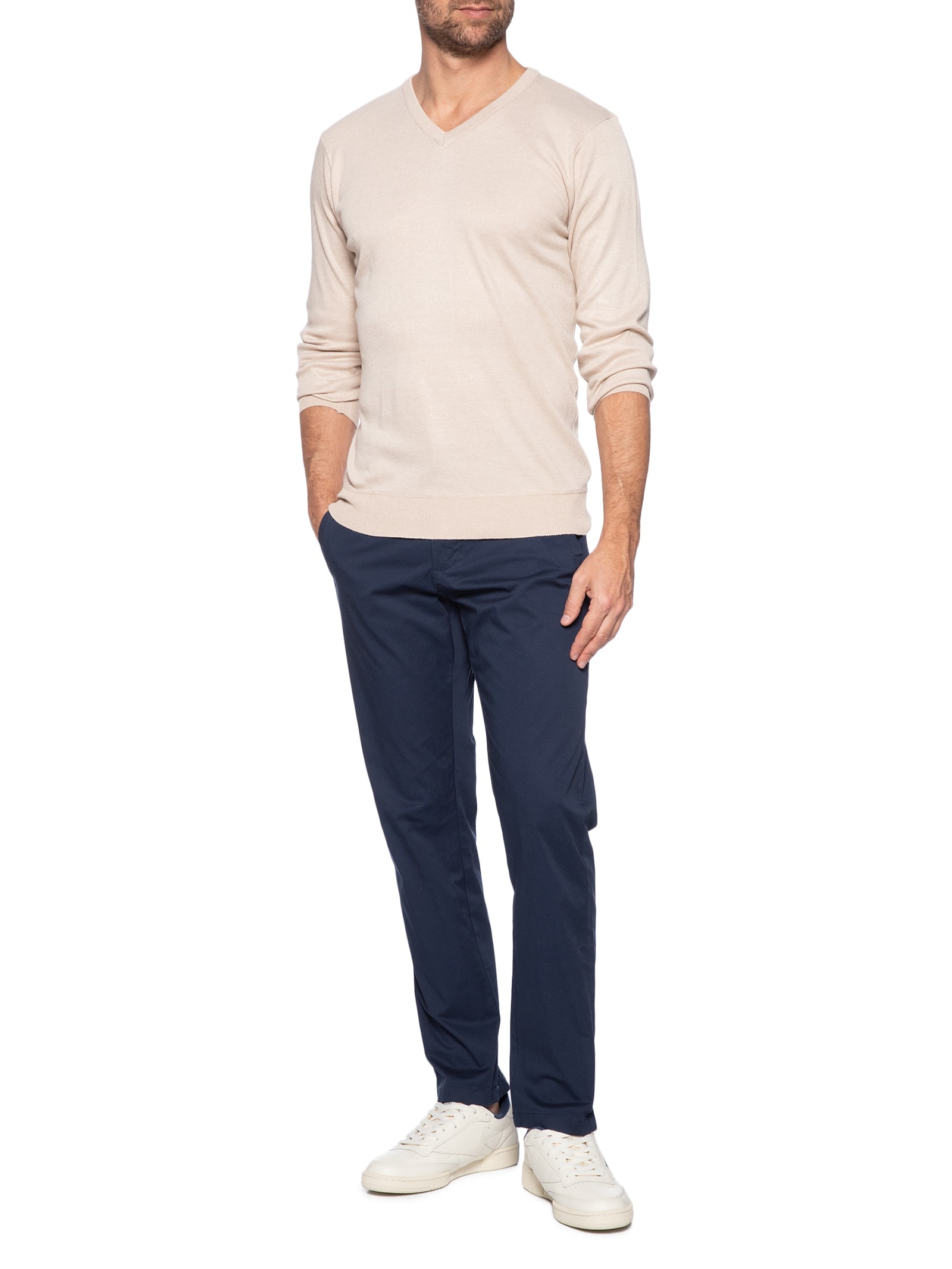 Suéter Masculino Gola V Bege '2 Essential