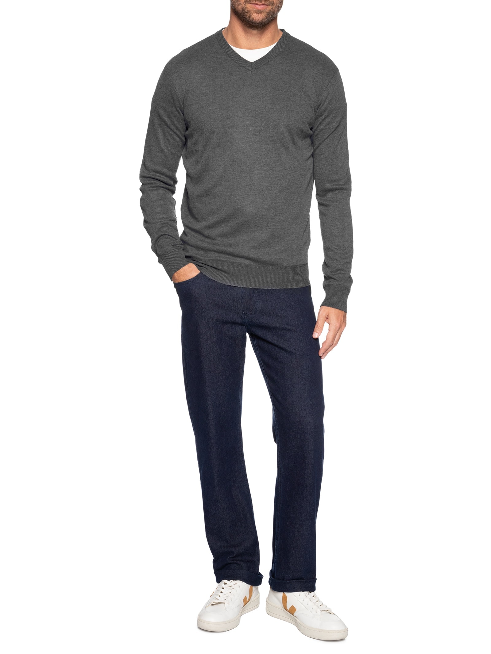 Suéter Masculino Gola V Casual Cinza '2 Essential