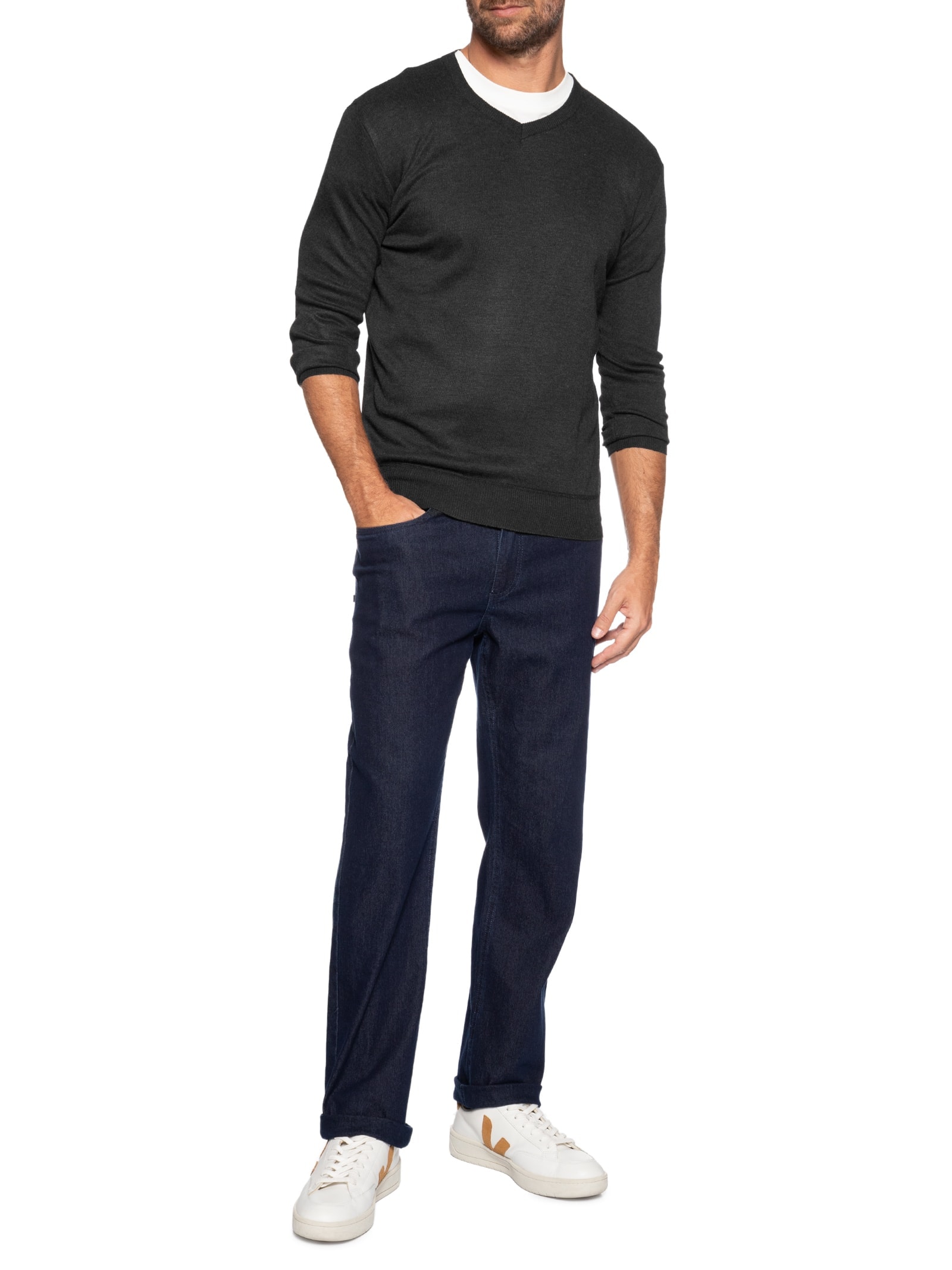 Suéter Masculino Gola V Casual Preto '2 Essential