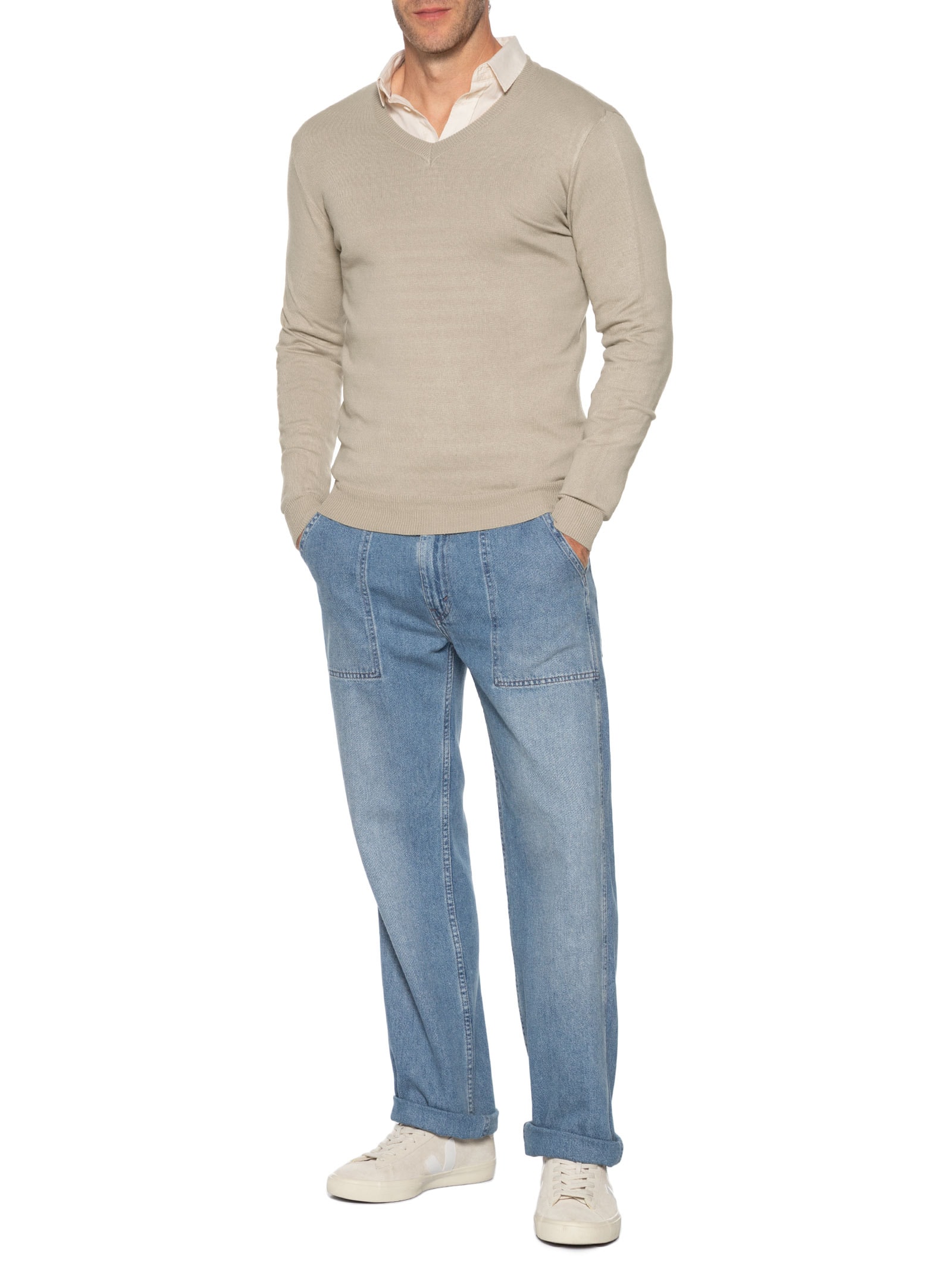 Suéter Masculino Gola V Color Básico Bege Basiq Men