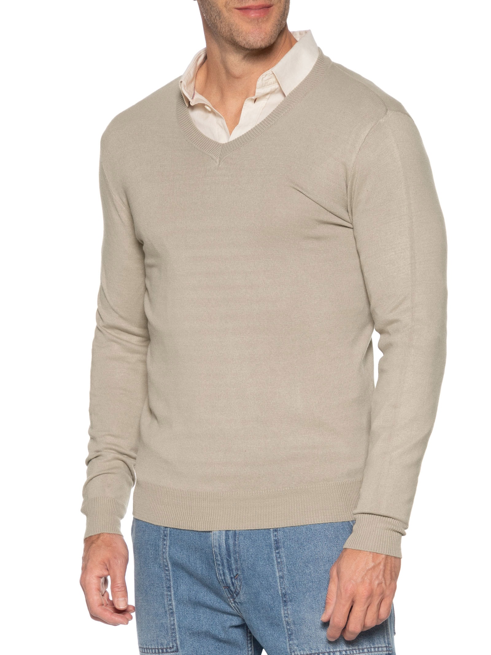 Suéter Masculino Gola V Color Básico Bege Basiq Men