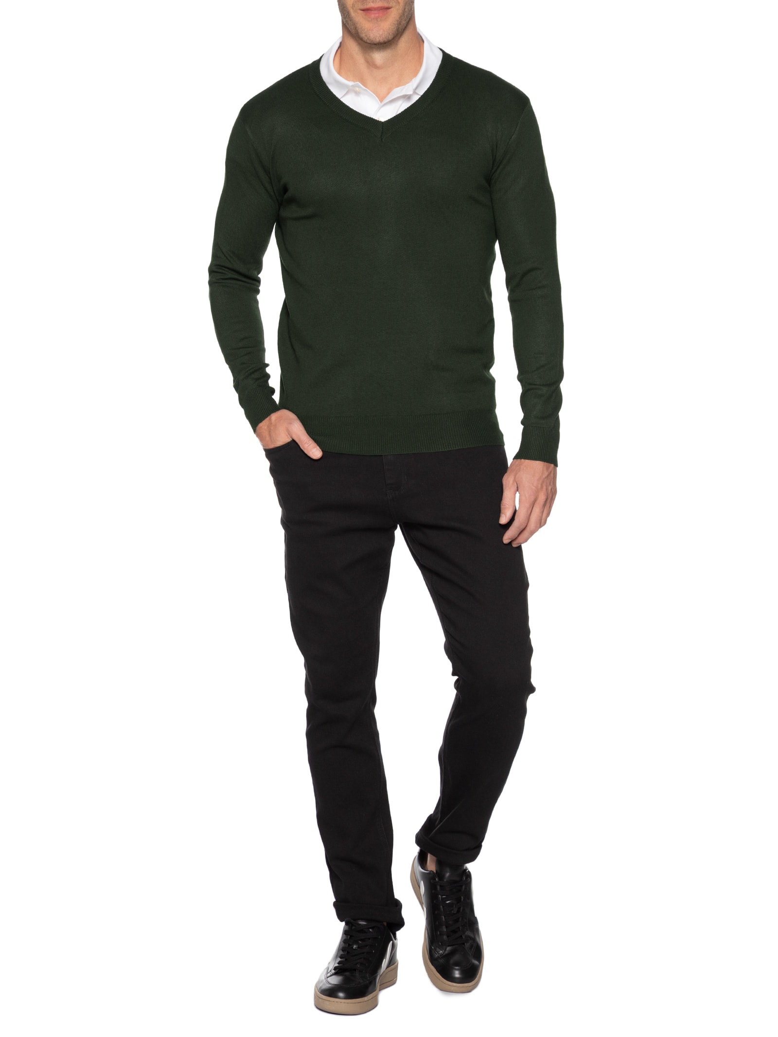 Suéter Masculino Gola V Color Básico Verde Basiq Men