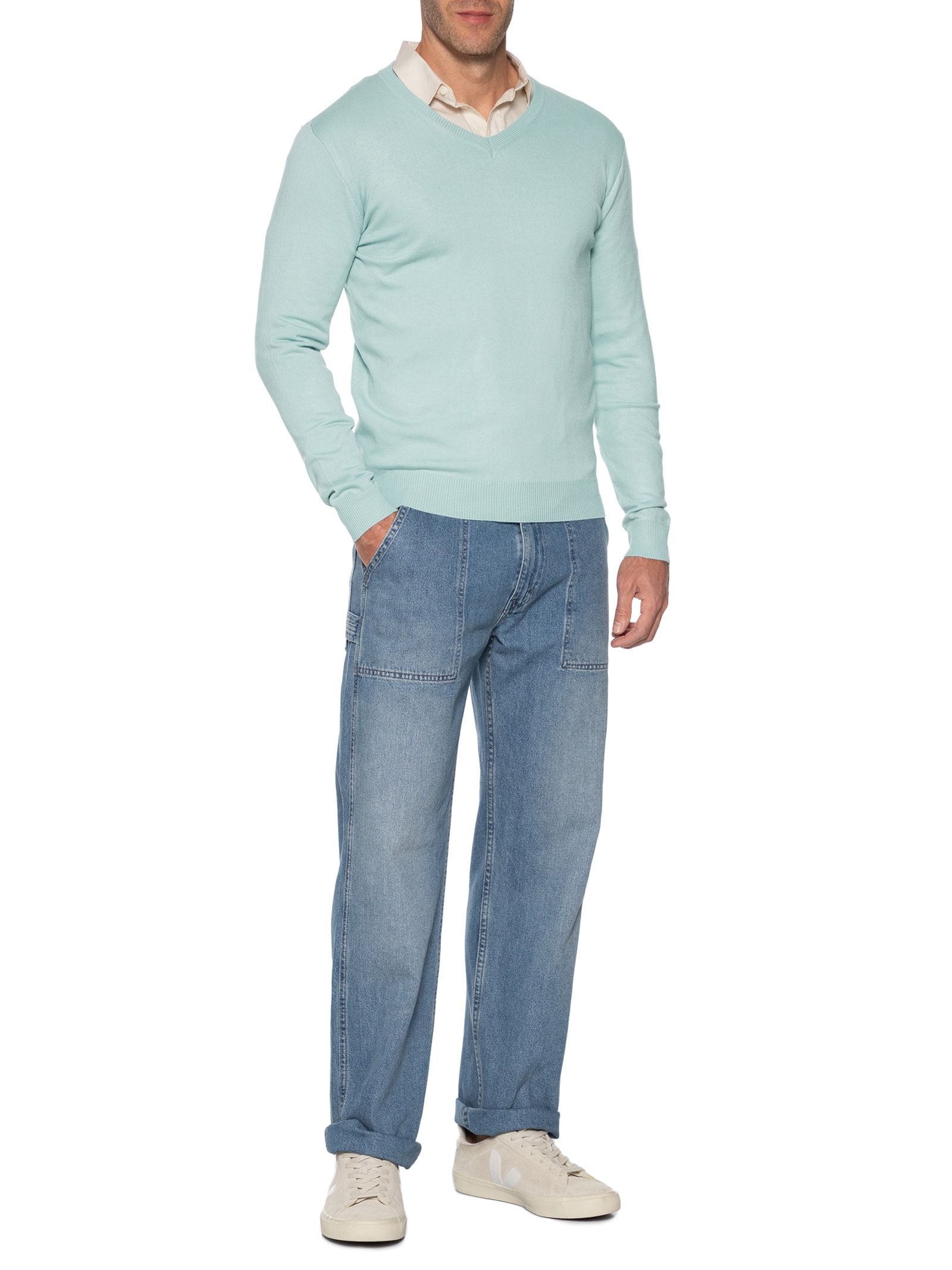 Suéter Masculino Gola V Color Básico Verde Basiq Men