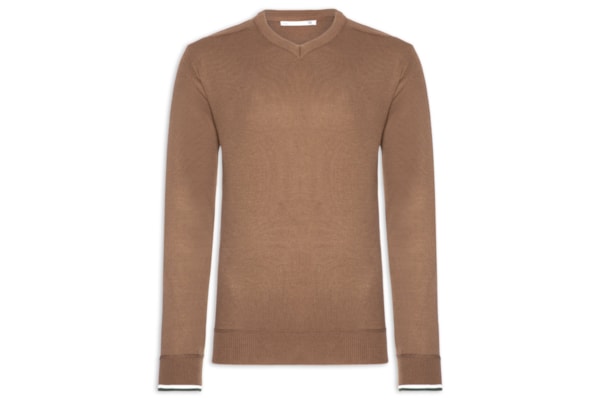 Suéter Masculino Gola V Detalhe Ombro - Marrom