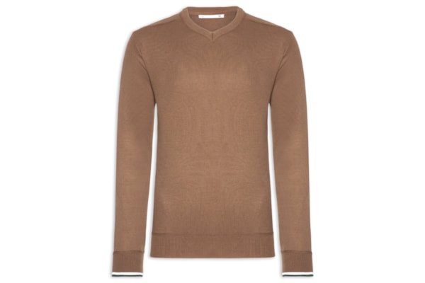 Suéter Masculino Gola V Detalhe Ombro - Marrom