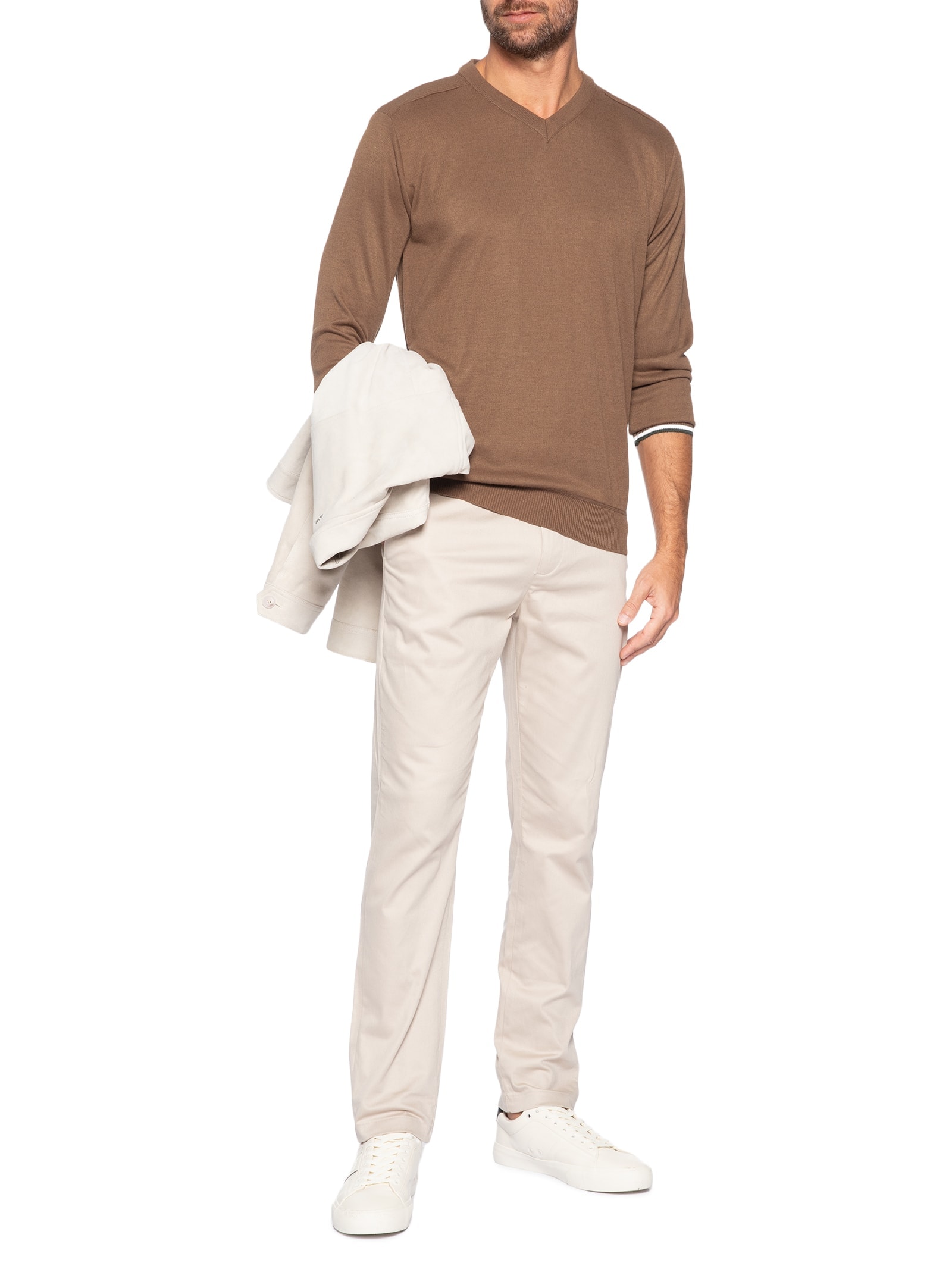 Suéter Masculino Gola V Detalhe Ombro Marrom '2 Essential