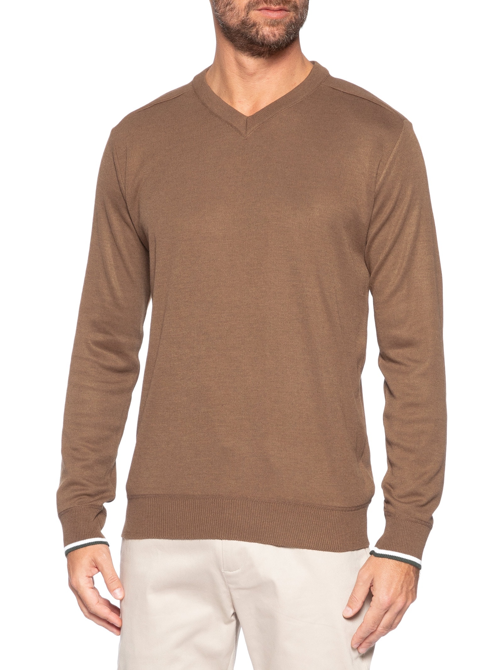 Suéter Masculino Gola V Detalhe Ombro Marrom '2 Essential