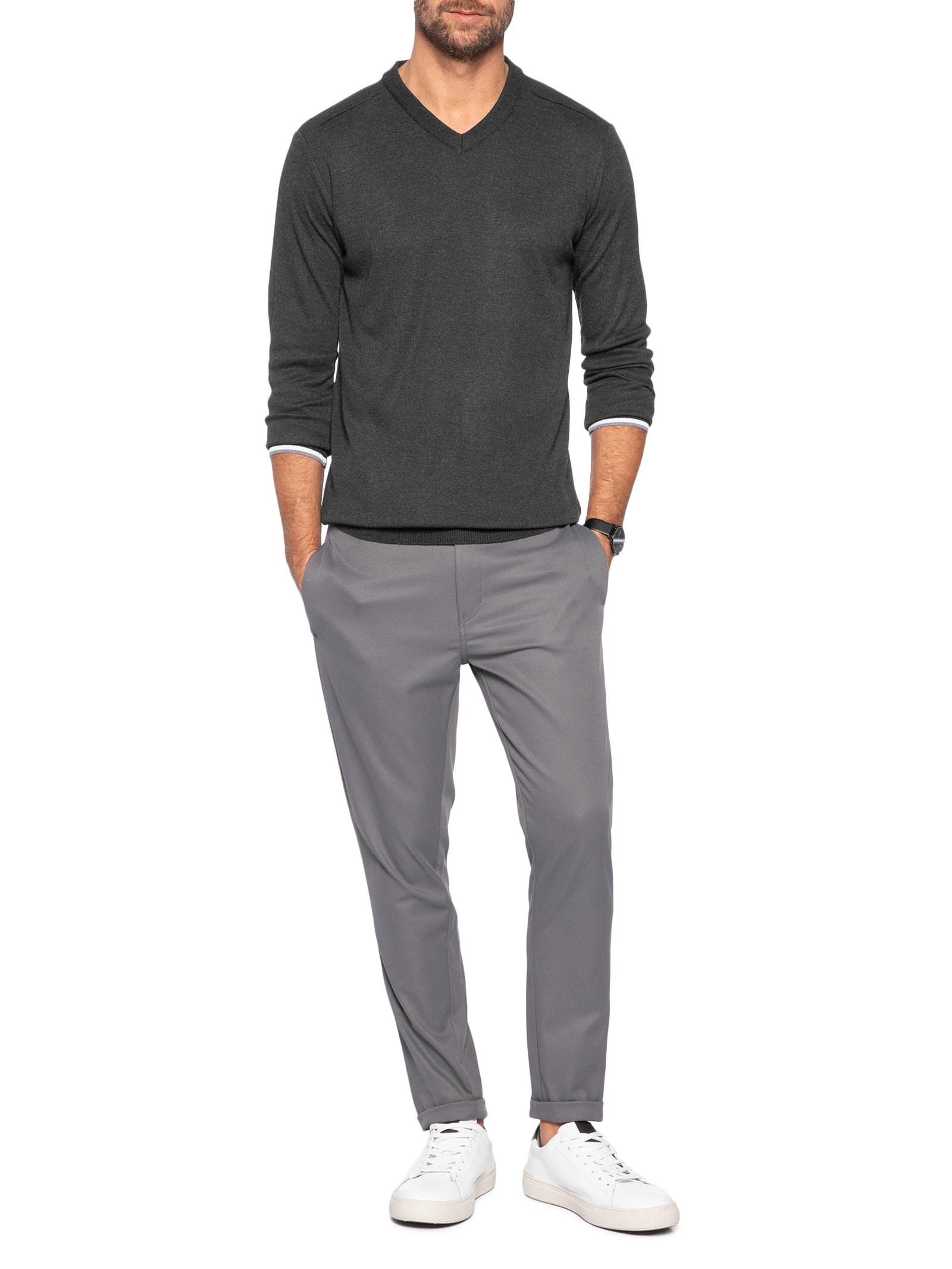 Suéter Masculino Gola V Detalhe Ombro Preto '2 Essential