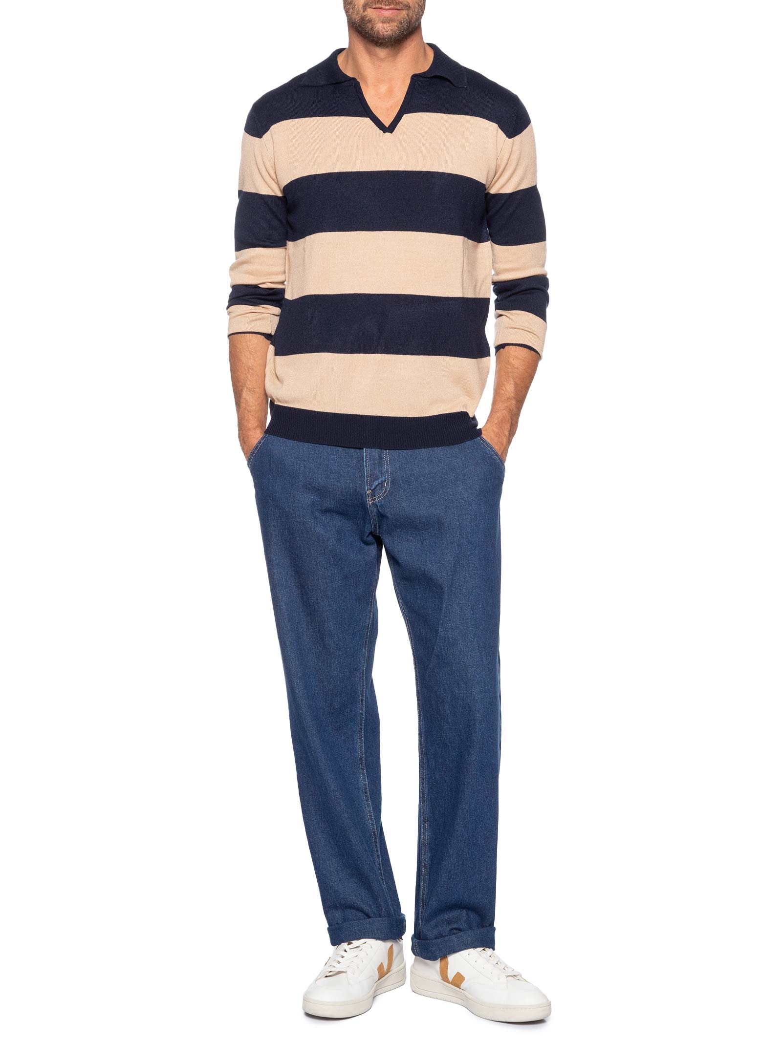 Suéter Masculino Gola V Listrado – Bege Basiq Men