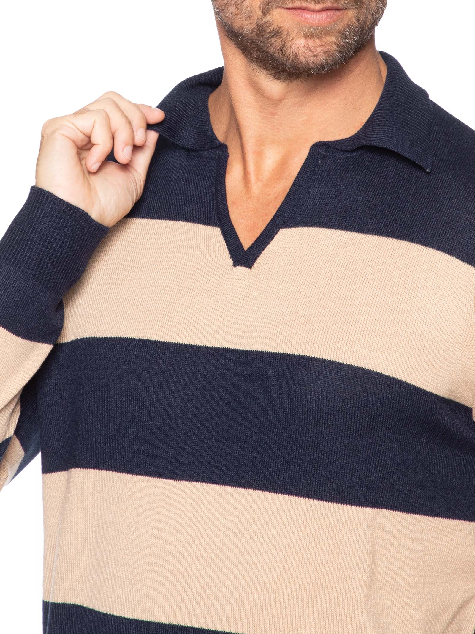 Suéter Masculino Gola V Listrado – Bege Basiq Men