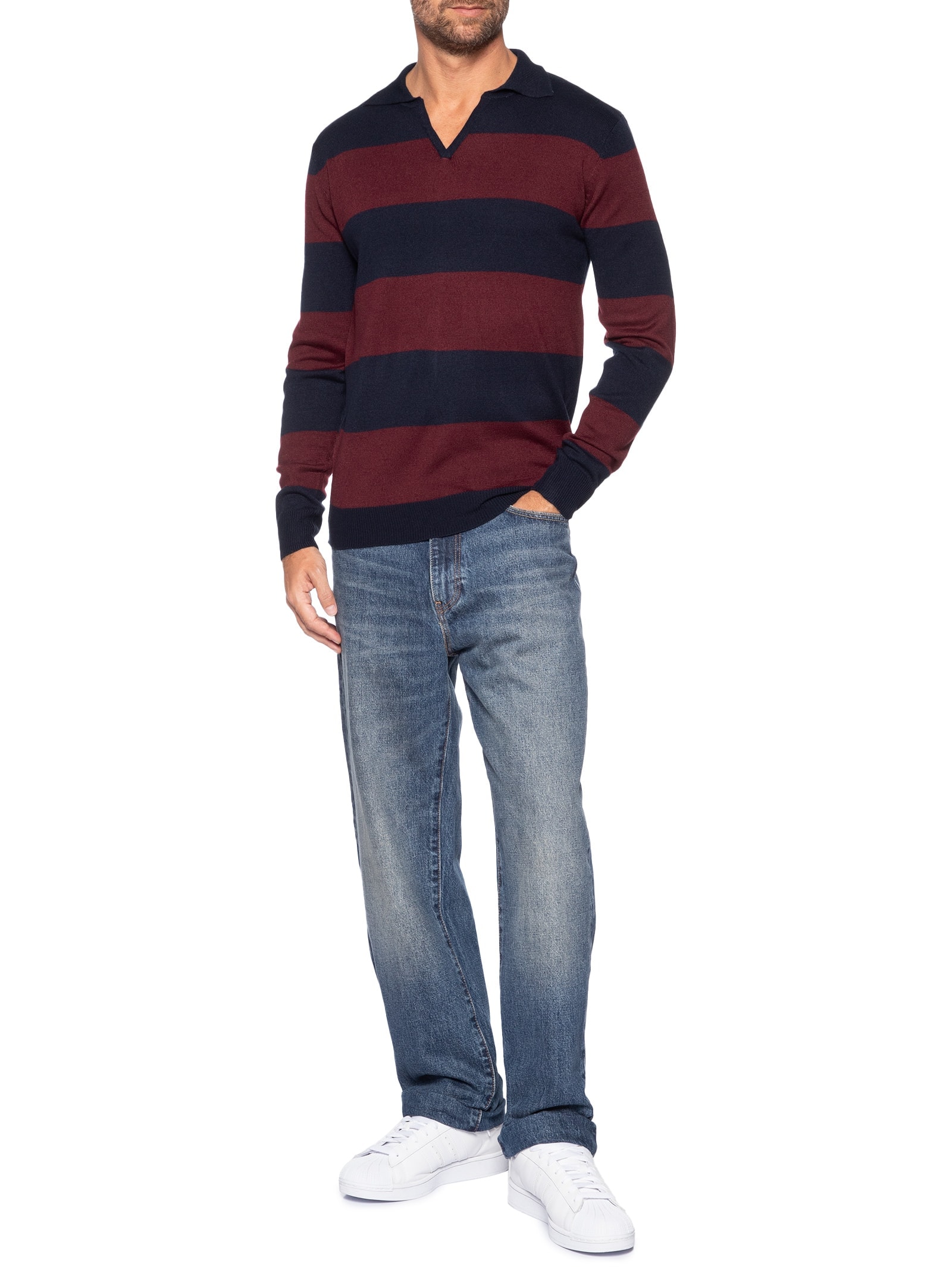 Suéter Masculino Gola V Listrado – Vermelho Basiq Men