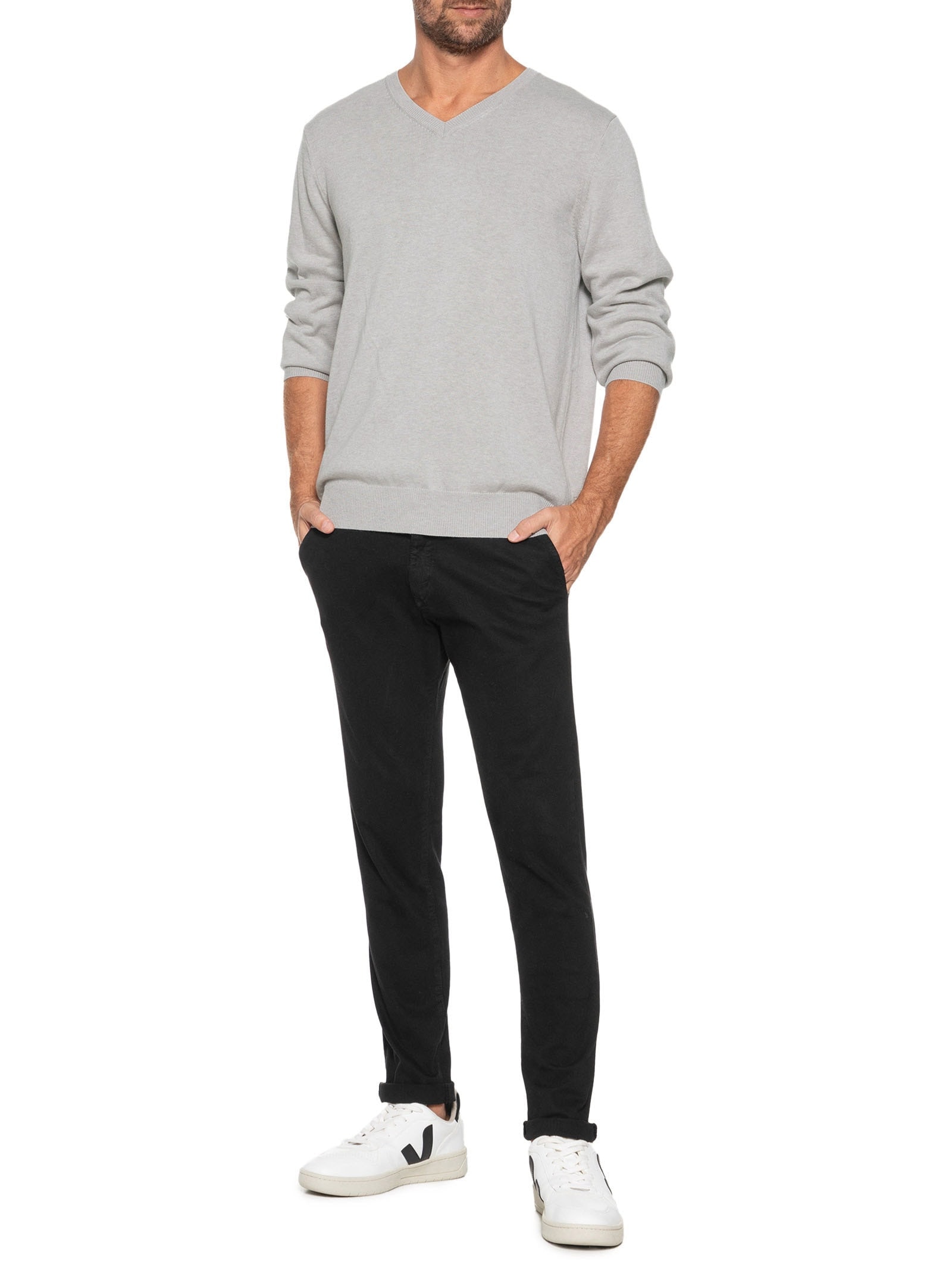 Suéter Masculino Gola V Manga Longa Algodão Pima com Cashmere Cinza '2 Essential