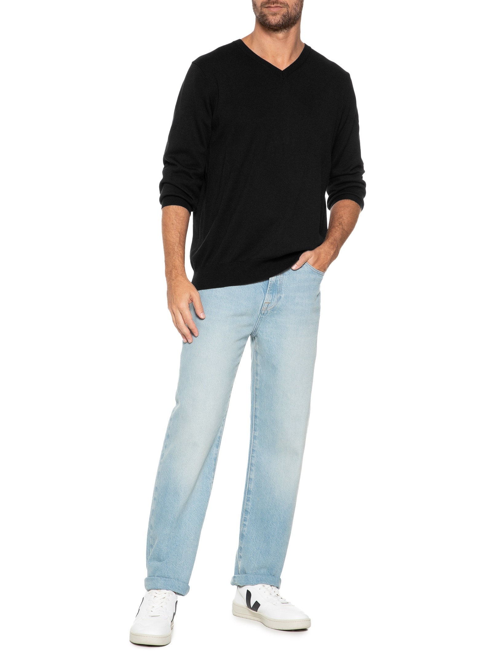 Suéter Masculino Gola V Manga Longa Algodão Pima com Cashmere Preto '2 Essential