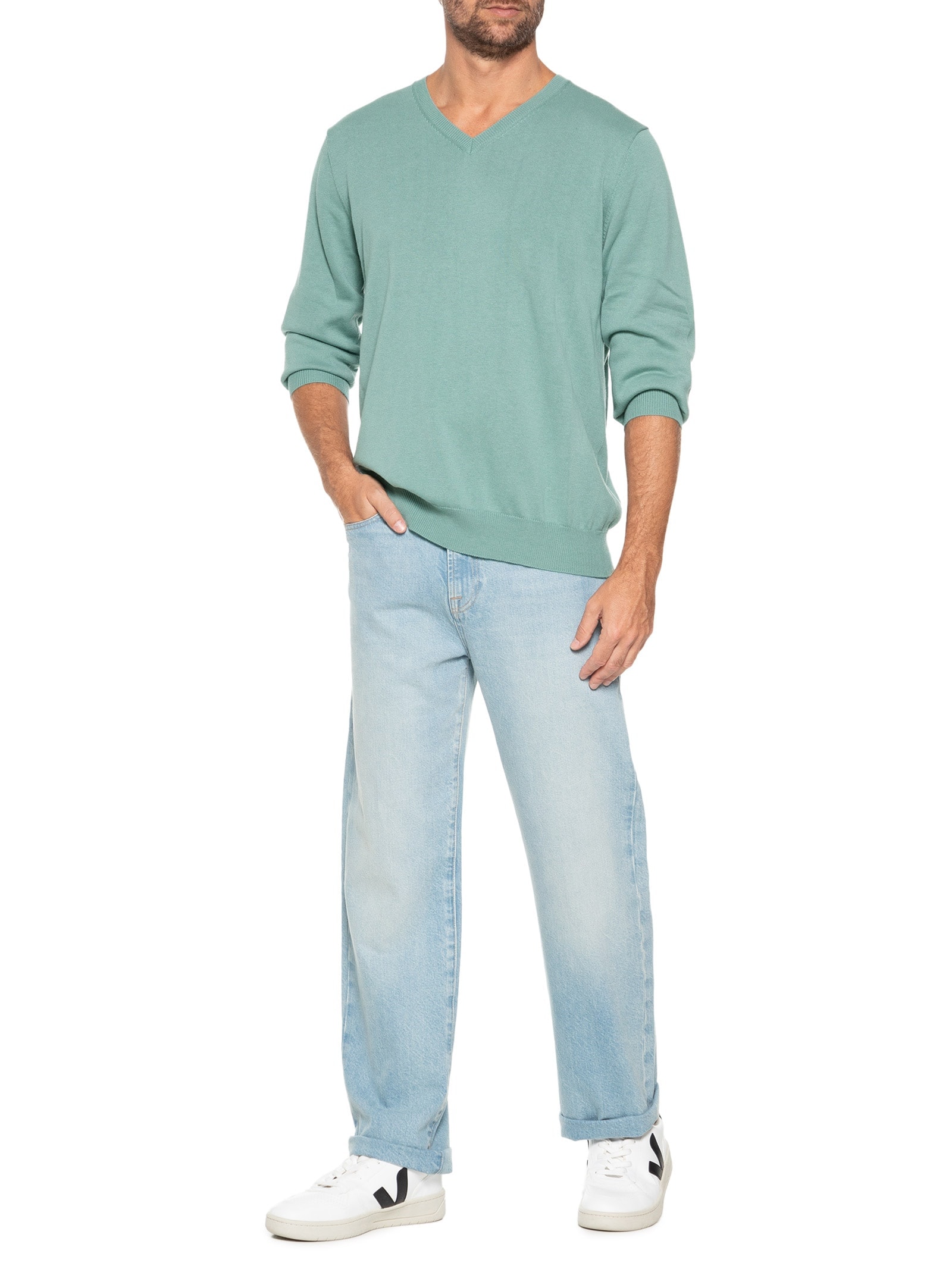 Suéter Masculino Gola V Manga Longa Algodão Pima com Cashmere Verde '2 Essential