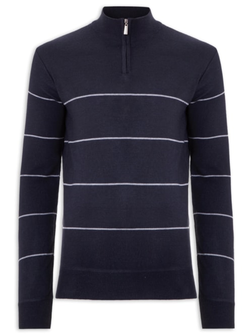 Suéter Masculino Listrado Meio Zíper – Azul
