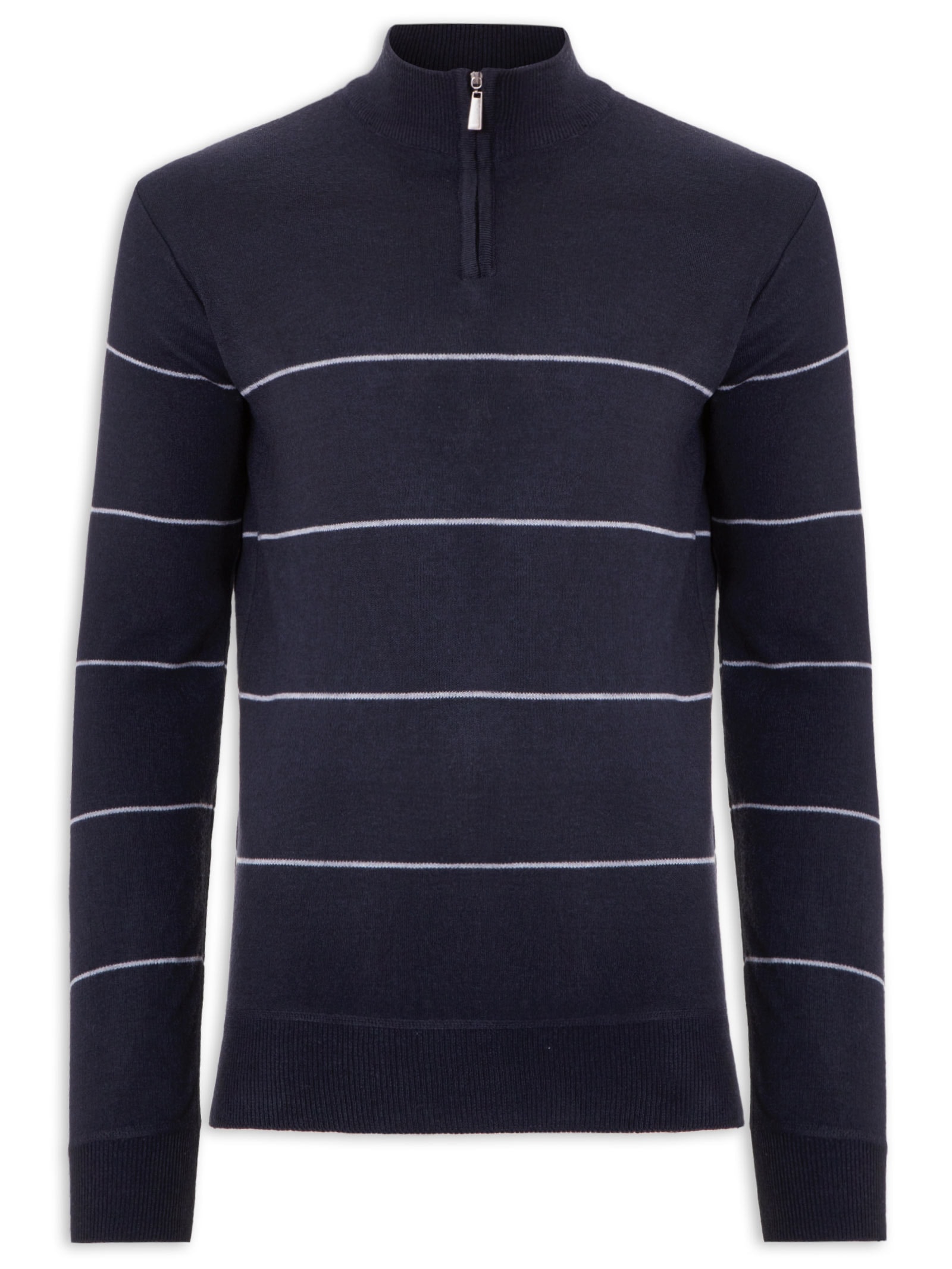 Suéter Masculino Listrado Meio Zíper Azul '2 Essential