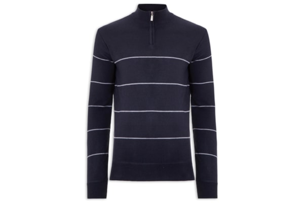 Suéter Masculino Listrado Meio Zíper - Azul