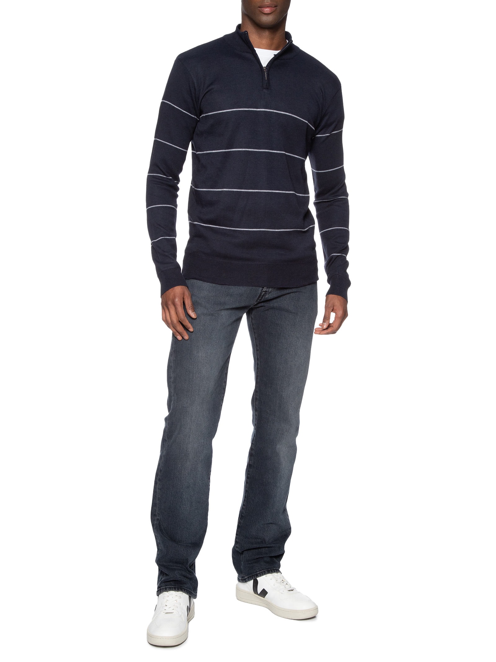 Suéter Masculino Listrado Meio Zíper Azul '2 Essential