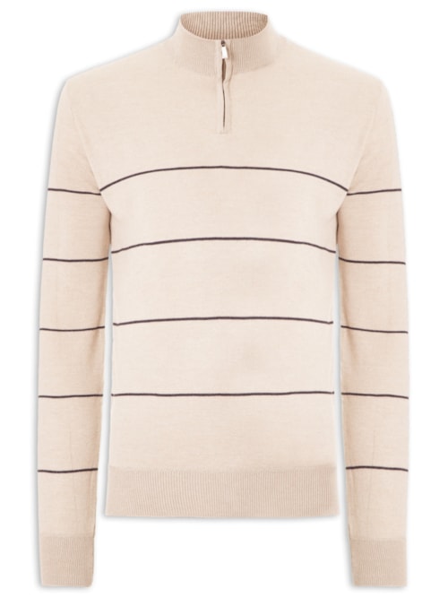 Suéter Masculino Listrado Meio Zíper – Bege