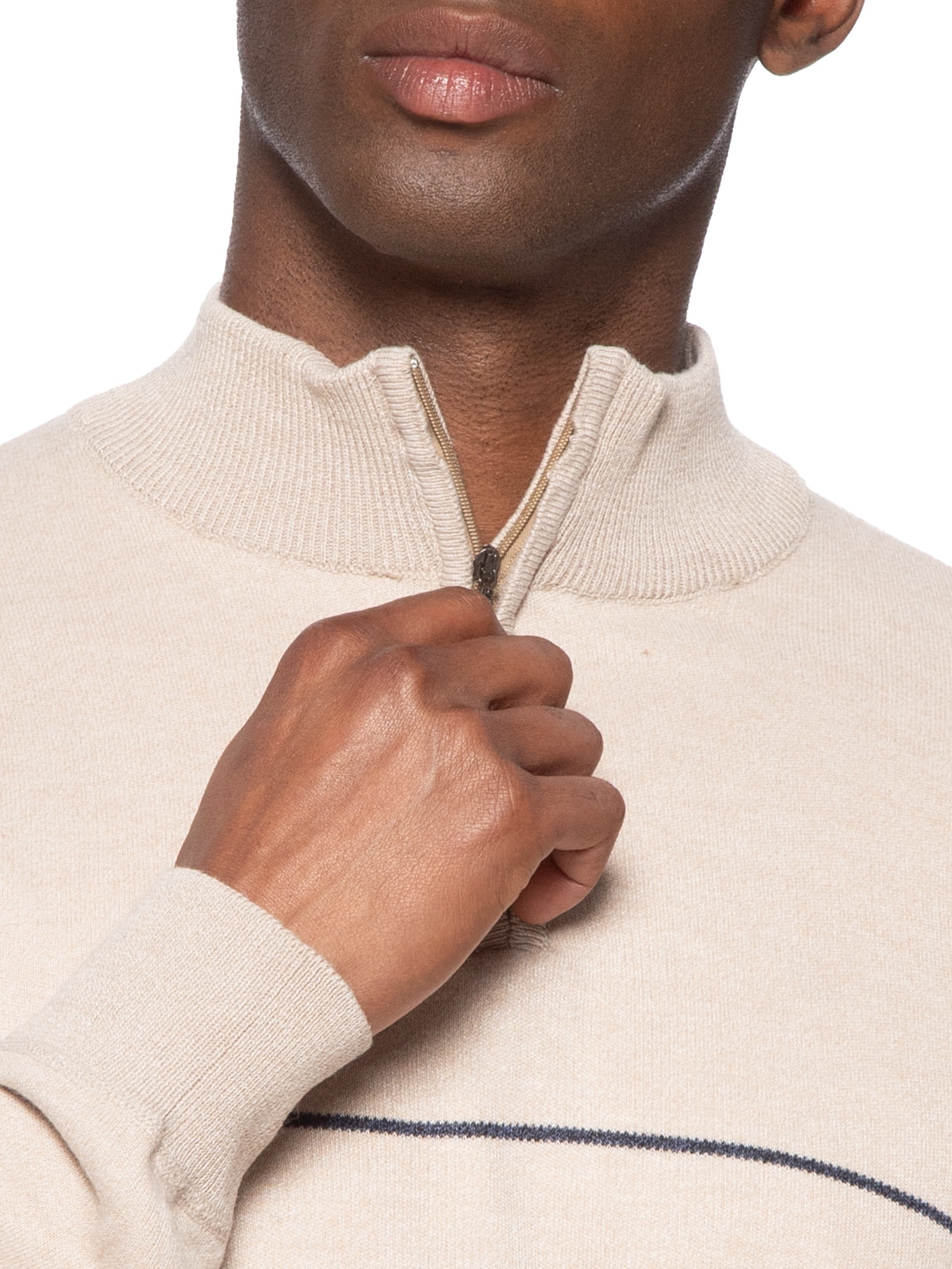 Suéter Masculino Listrado Meio Zíper Bege '2 Essential