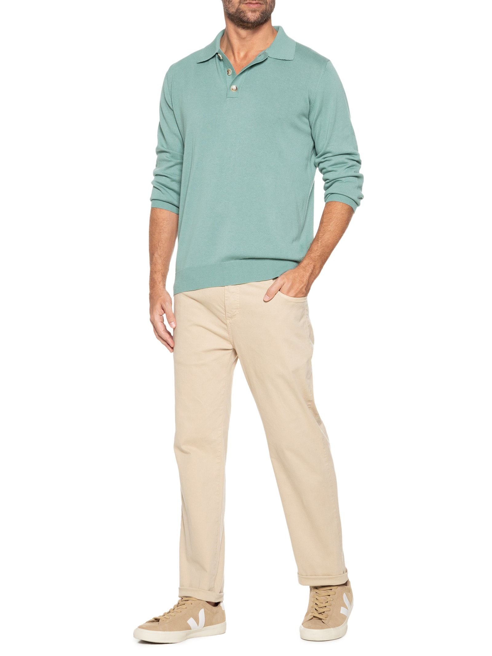 Suéter Masculino Polo Manga Longa Algodão Com Cashmere Verde '2 Essential