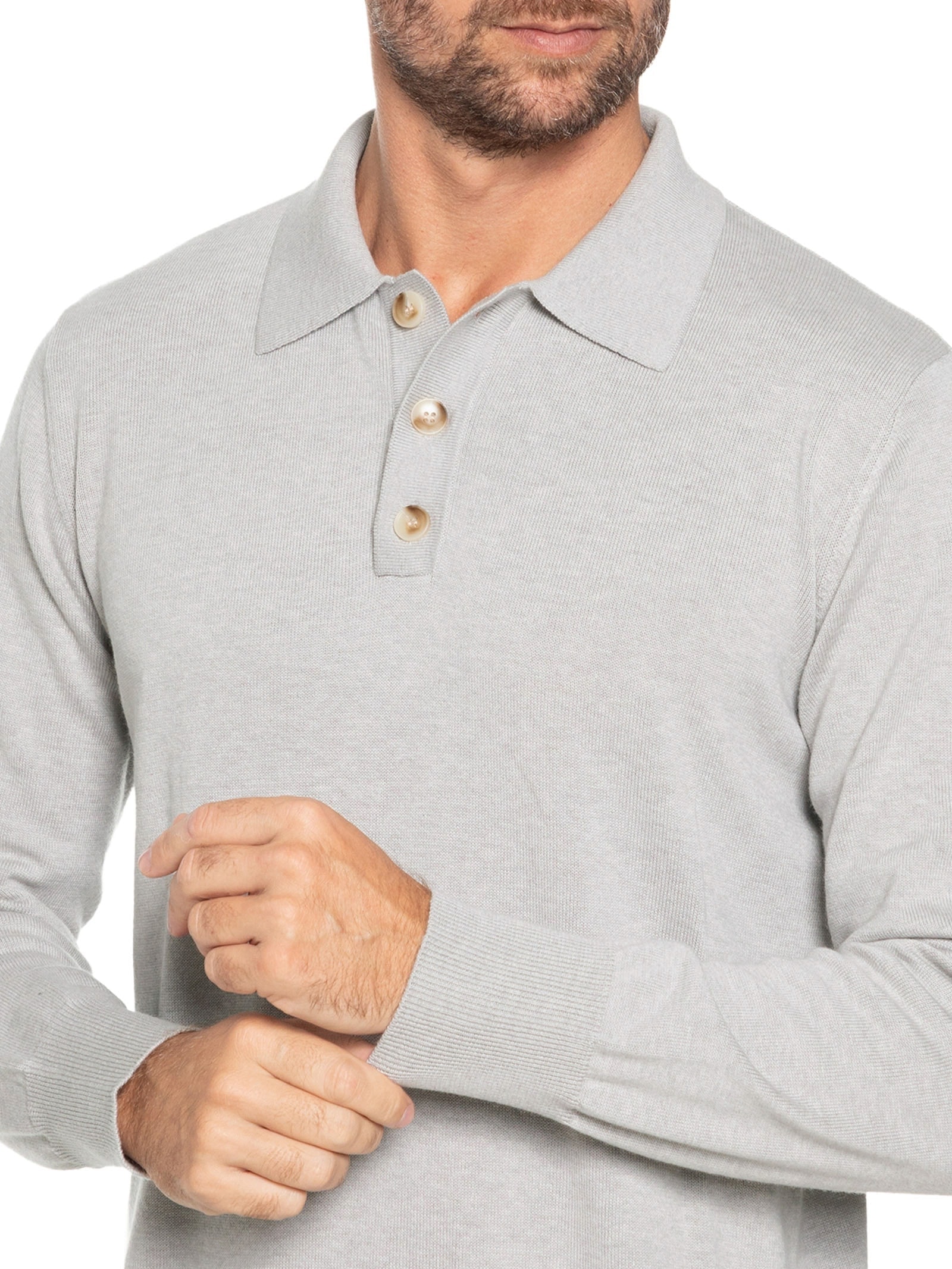 Suéter Masculino Polo Manga Longa Algodão Pima Com Cashmere Cinza '2 Essential