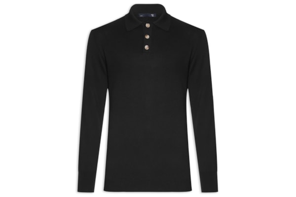 Suéter Masculino Polo Manga Longa Algodão Pima com Cashmere - Preto