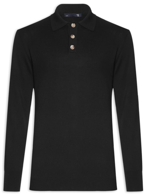 Suéter Masculino Polo Manga Longa Algodão Pima com Cashmere – Preto
