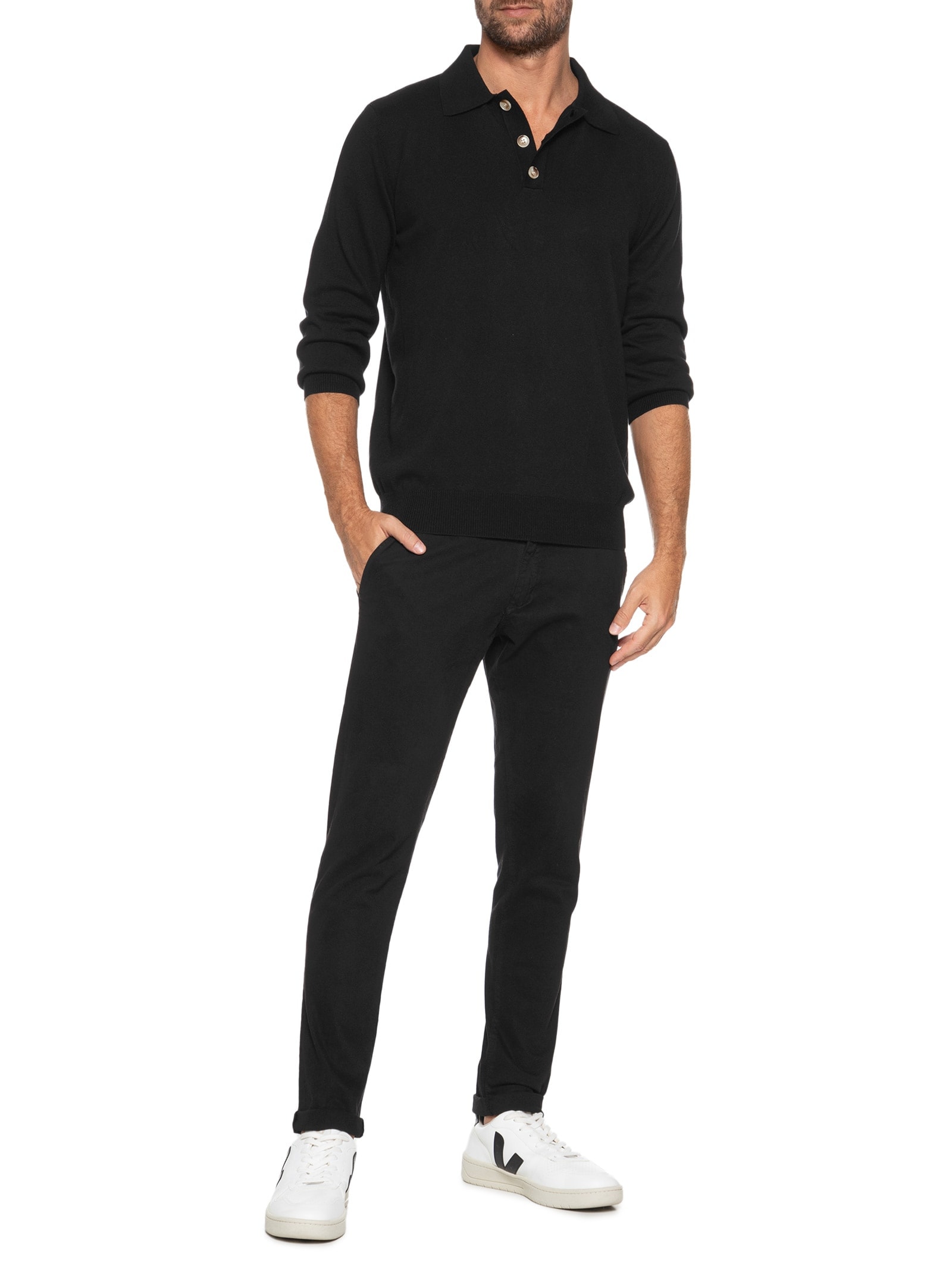 Suéter Masculino Polo Manga Longa Algodão Pima com Cashmere Preto '2 Essential