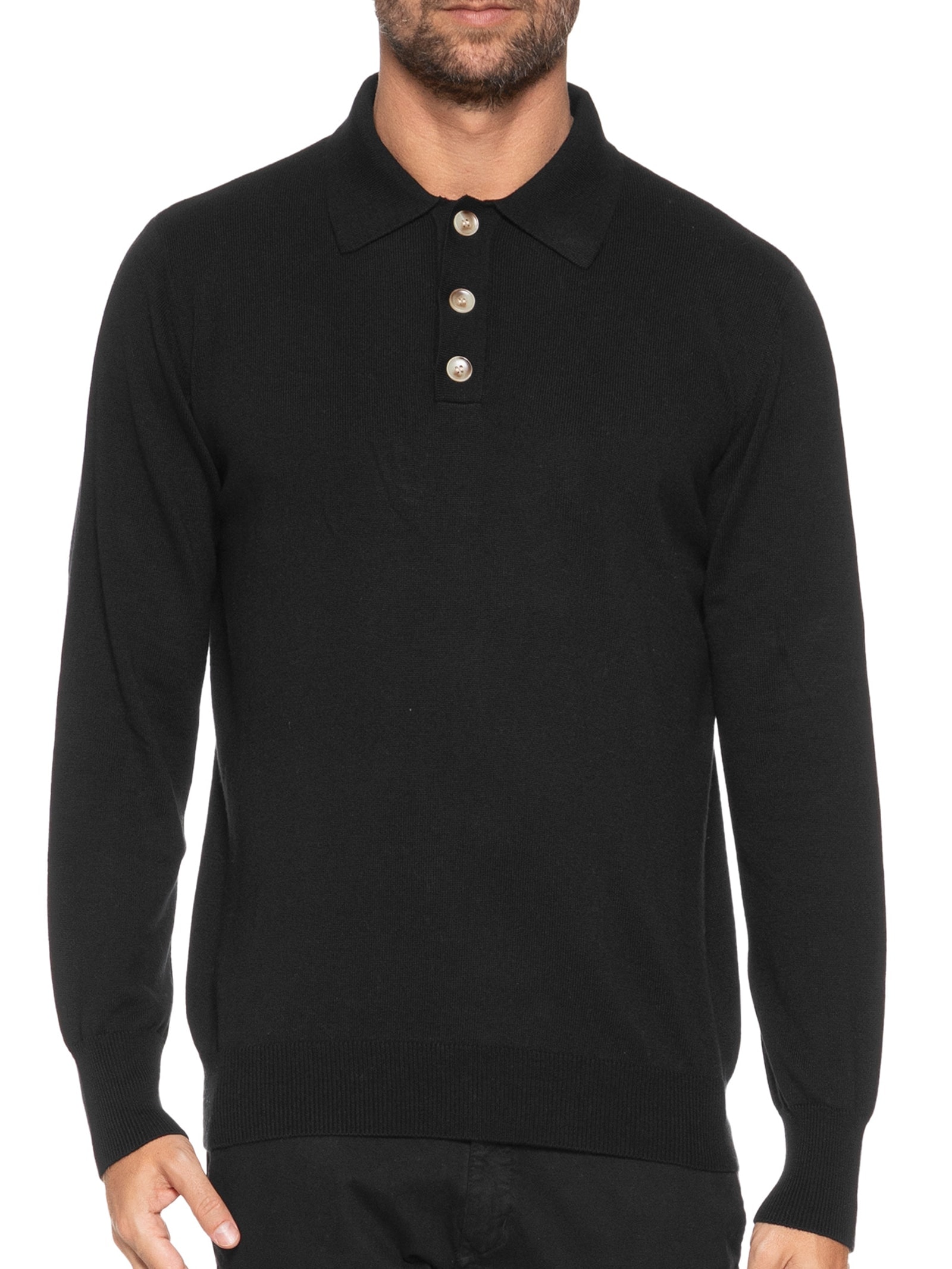 Suéter Masculino Polo Manga Longa Algodão Pima com Cashmere Preto '2 Essential
