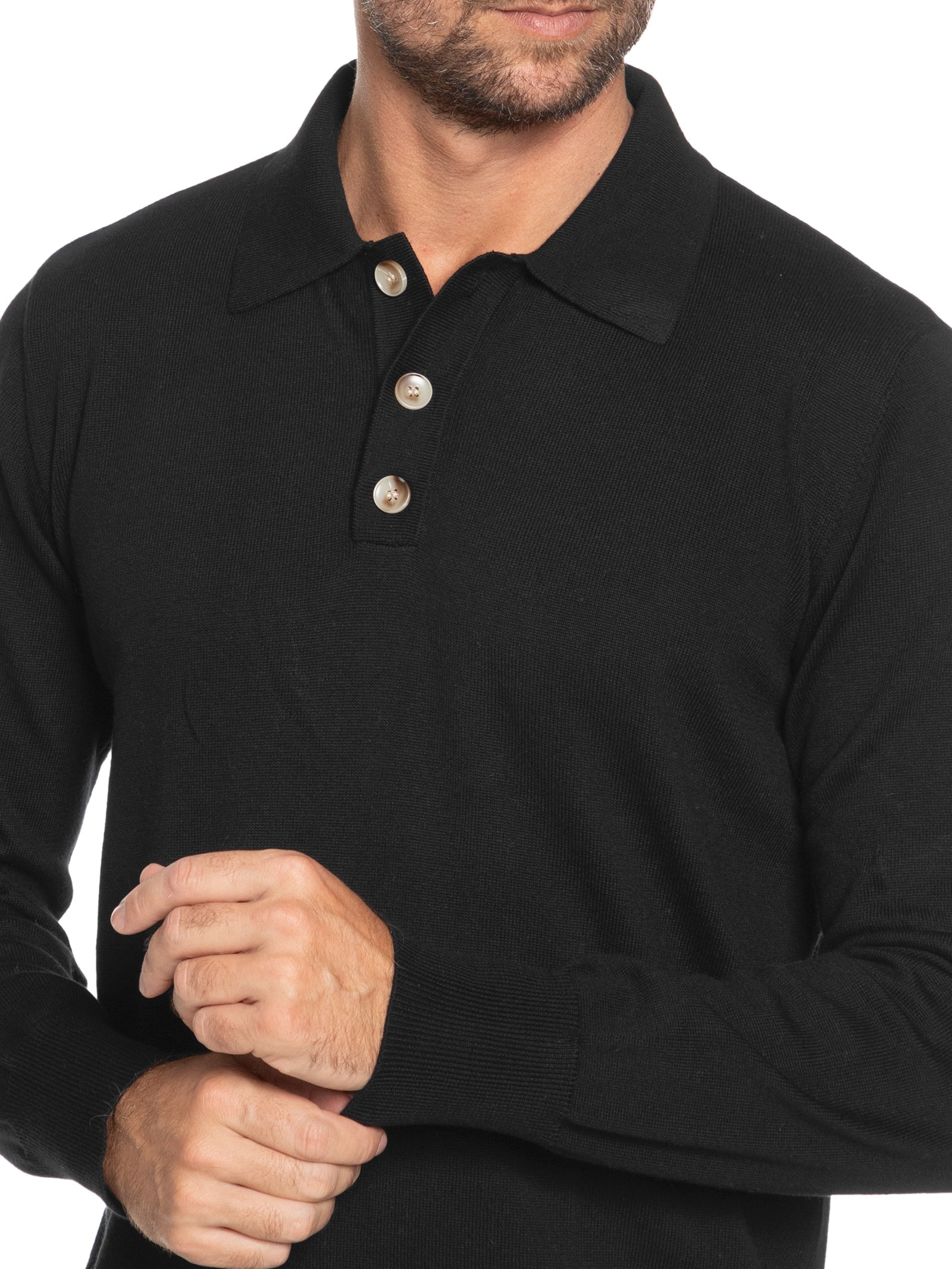 Suéter Masculino Polo Manga Longa Algodão Pima com Cashmere Preto '2 Essential