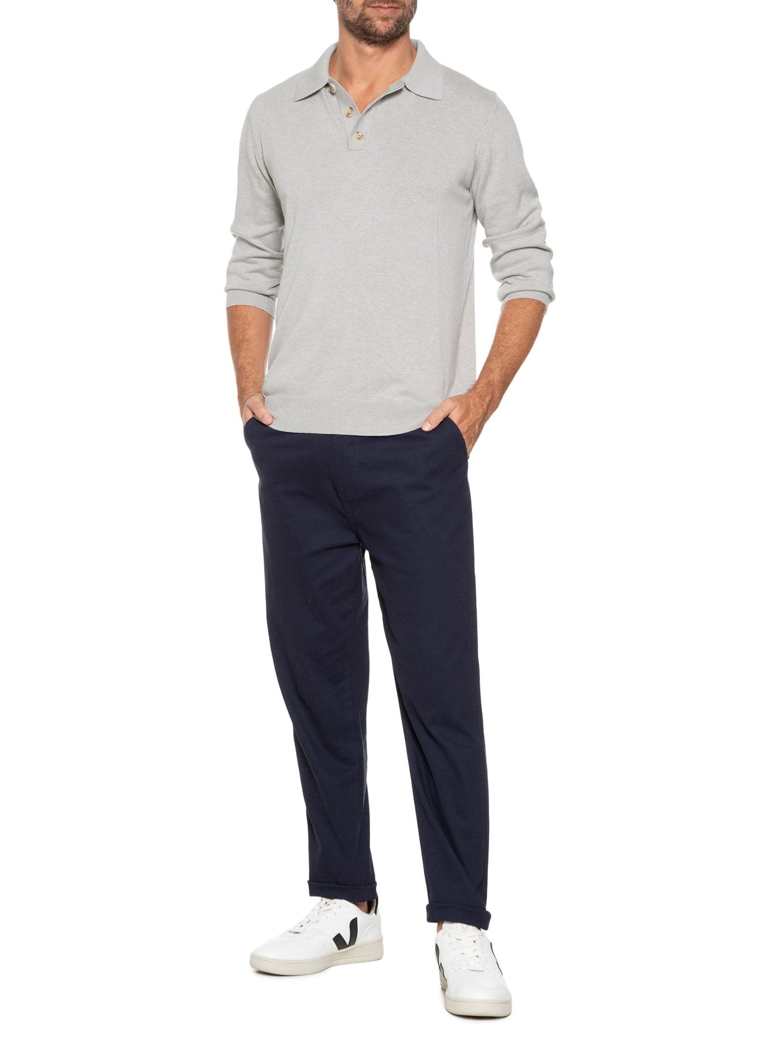 Suéter Masculino Polo Manga Longa Algodão Pima Com Cashmere – Cinza '2 Essential