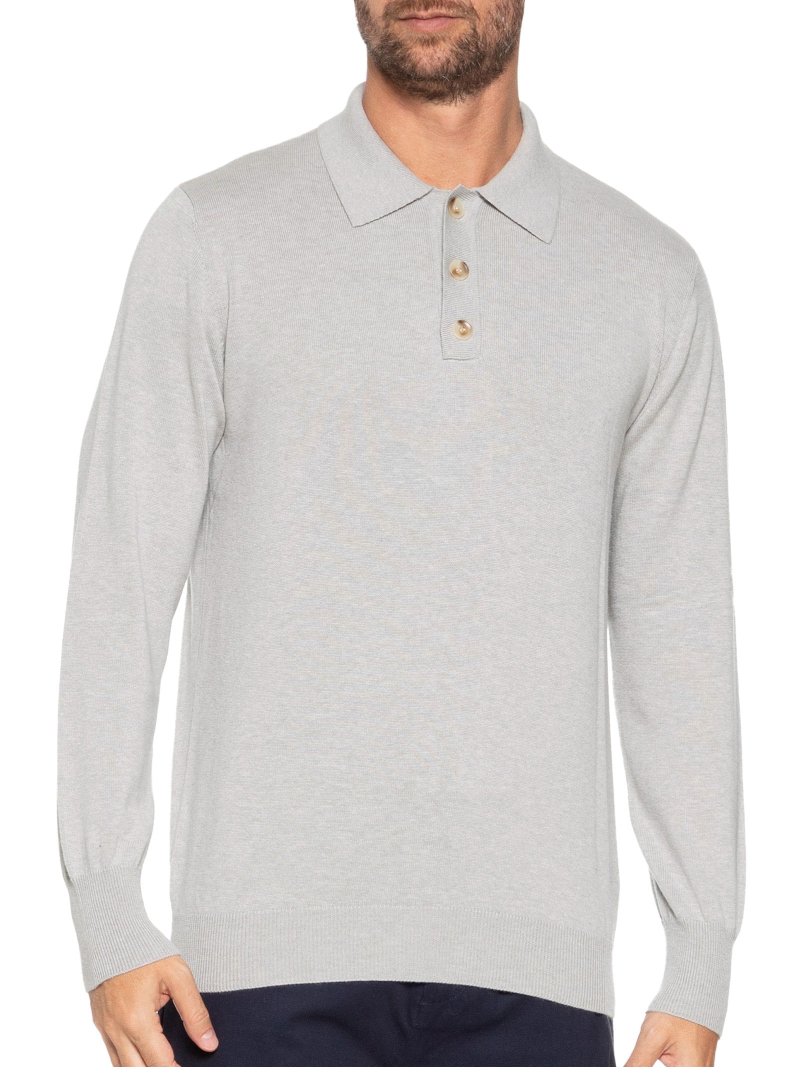 Suéter Masculino Polo Manga Longa Algodão Pima Com Cashmere – Cinza '2 Essential