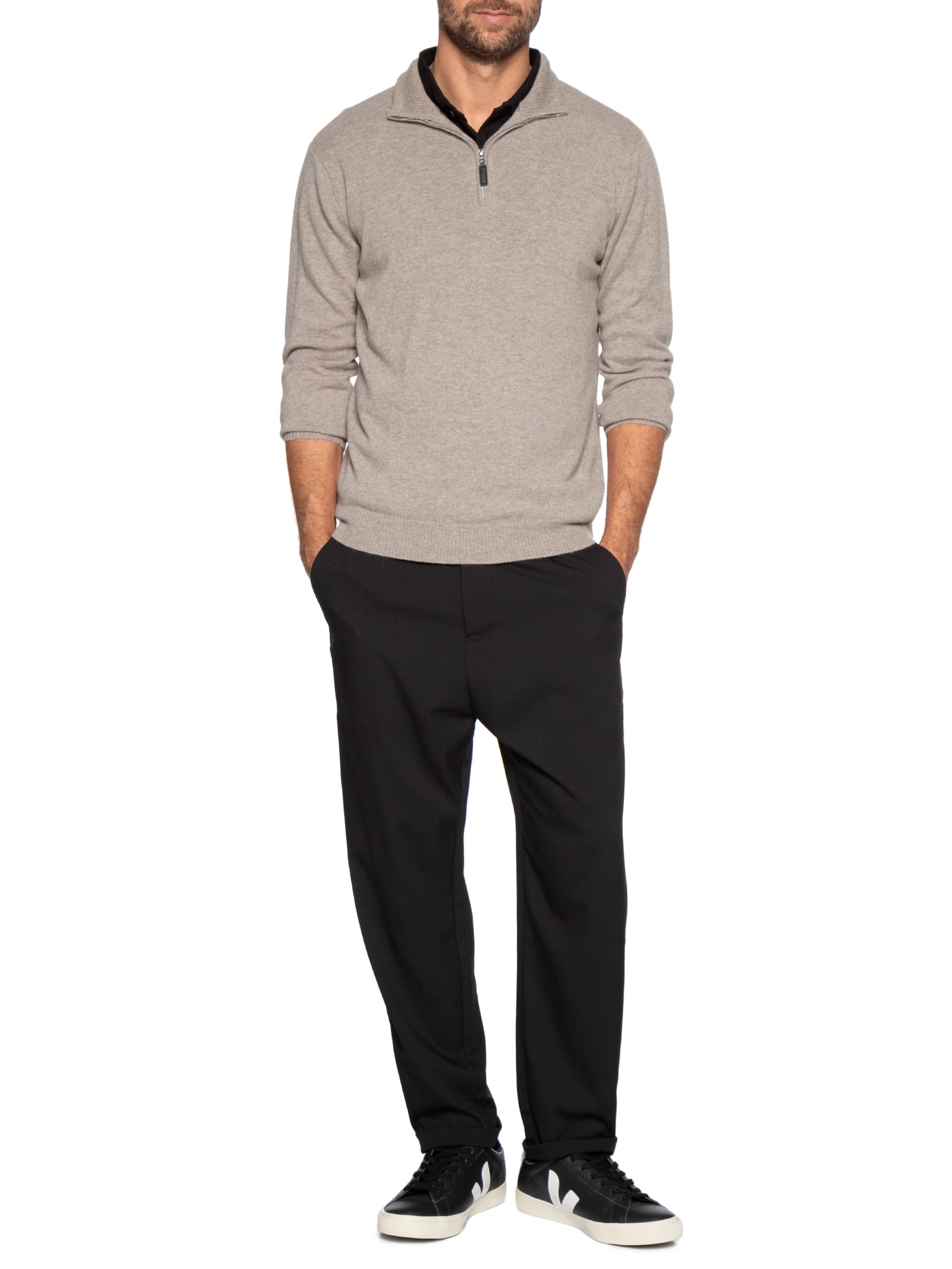 Suéter Masculino Puro Cashmere Detalhe Zíper Bege '2 Essential