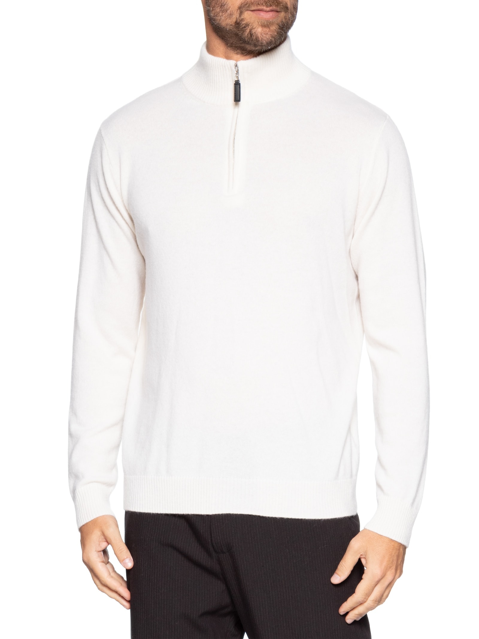 Suéter Masculino Puro Cashmere Detalhe Zíper Branco '2 Essential