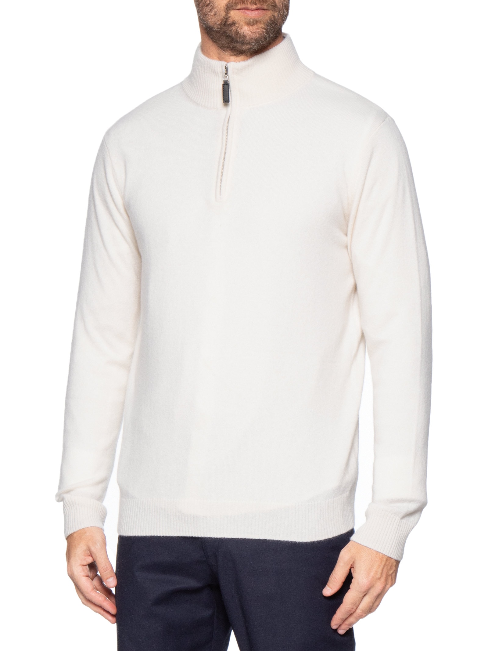 Suéter Masculino Puro Cashmere Detalhe Zíper Branco '2 Essential